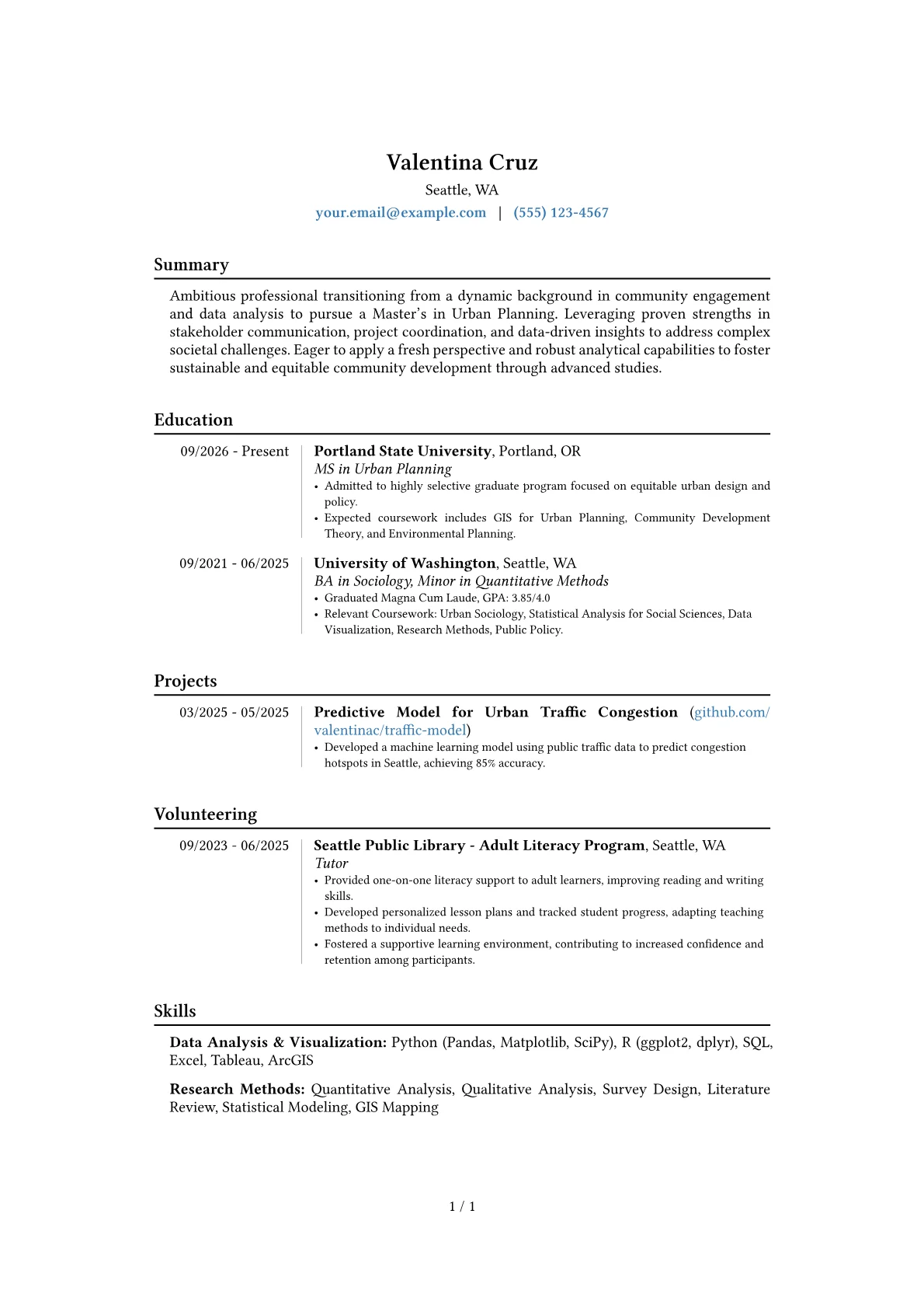 Masters Application resume example, Career changer, page 1