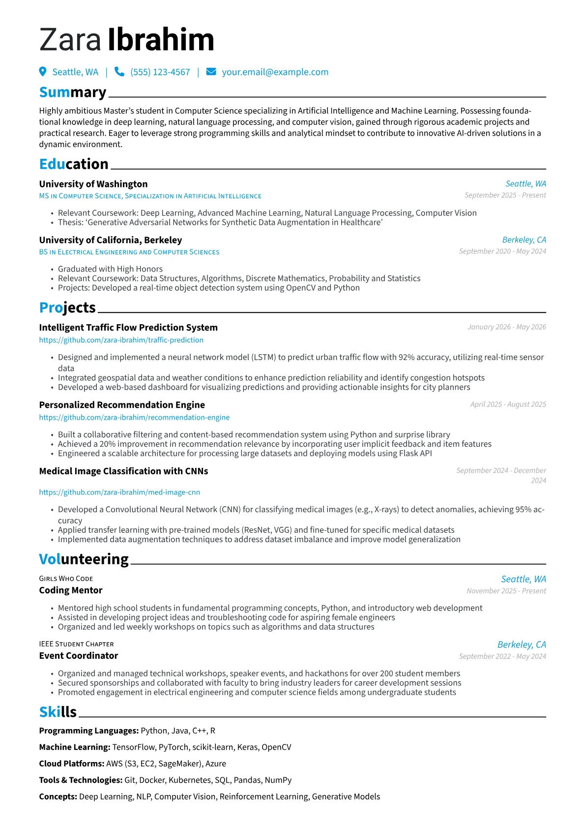 Master's Student resume example, AI/ML Master's Student, page 1