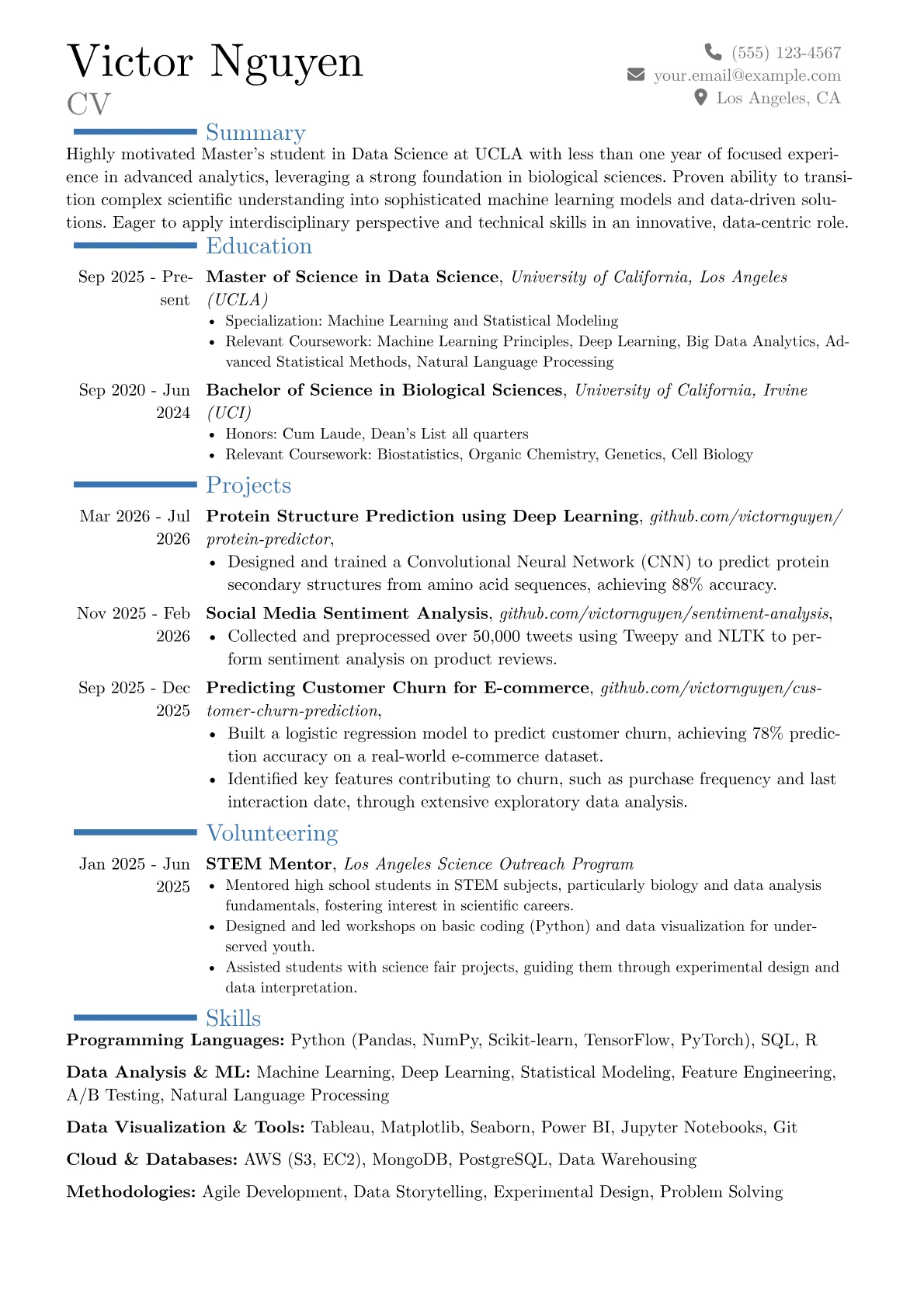Master's Student resume example, Career changer, page 1
