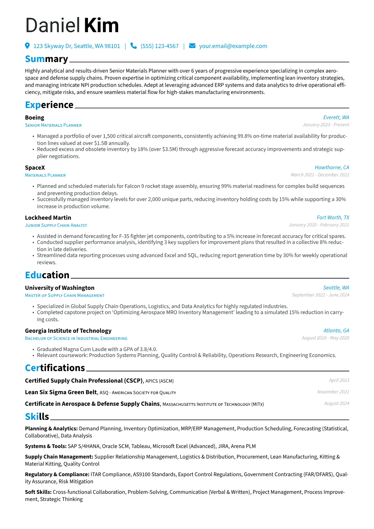 Materials Planner resume example, Materials Planner, page 1
