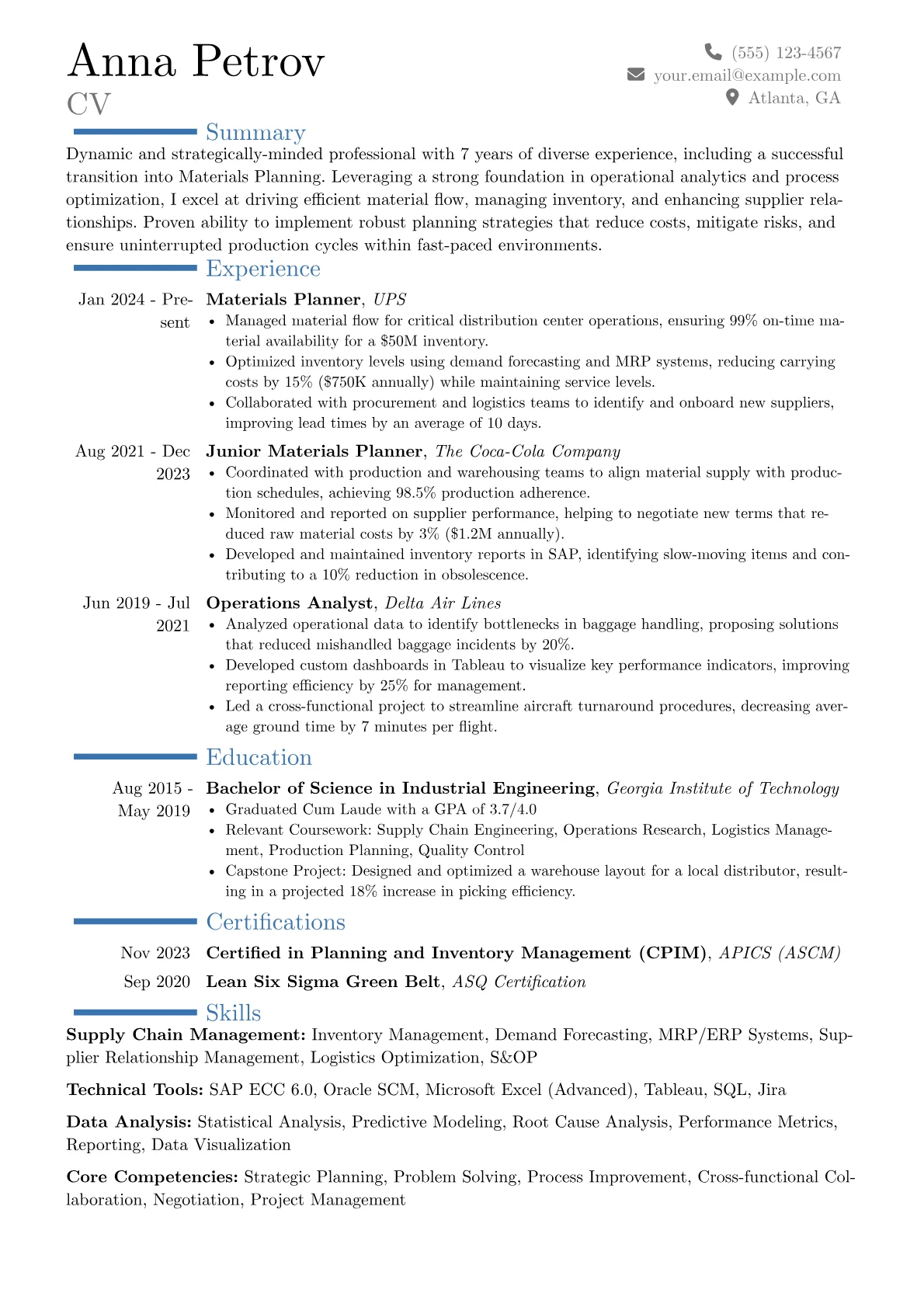 Materials Planner resume example, Career changer, page 1