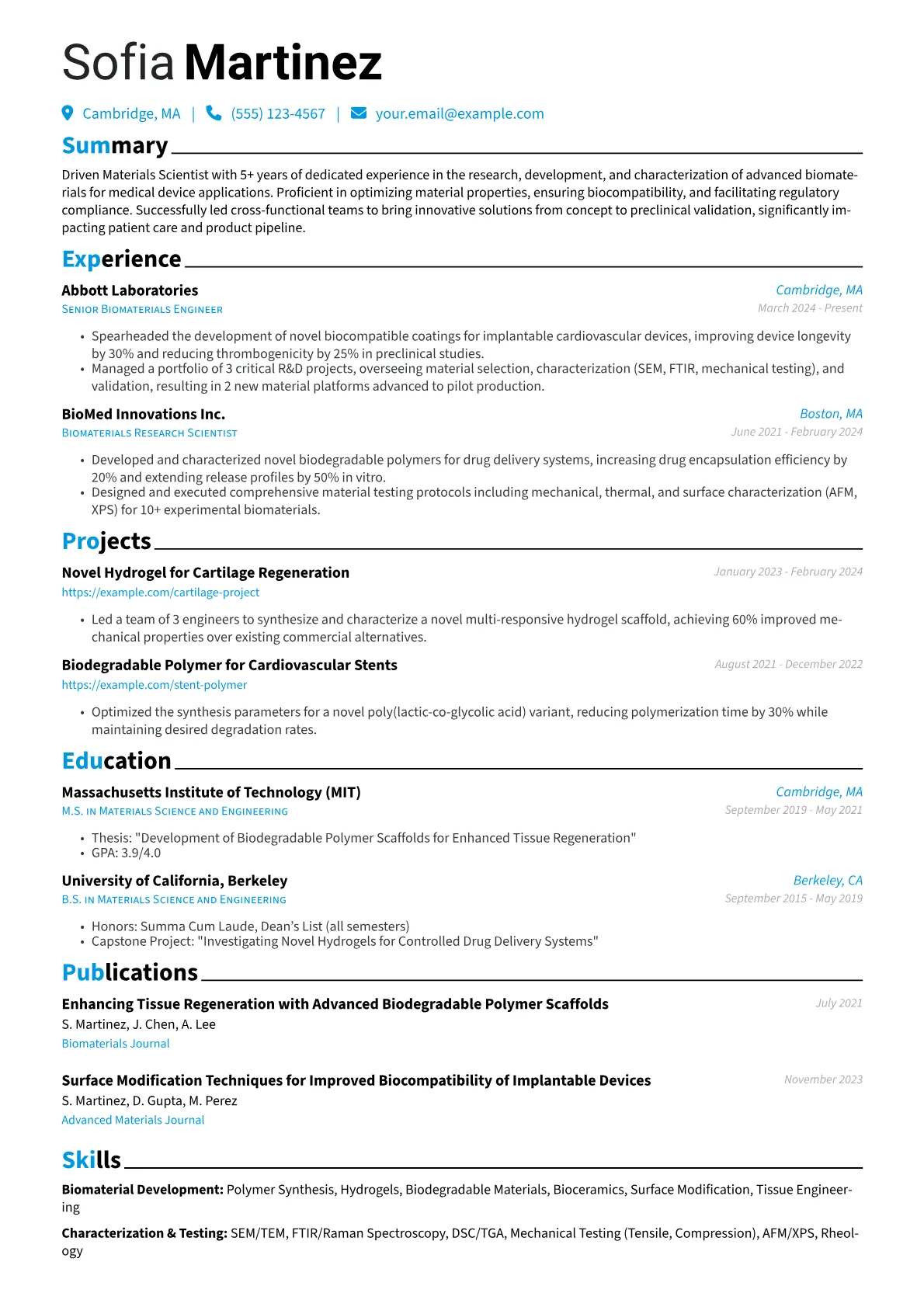 Materials Scientist resume example, Biomaterials & Medical, page 1