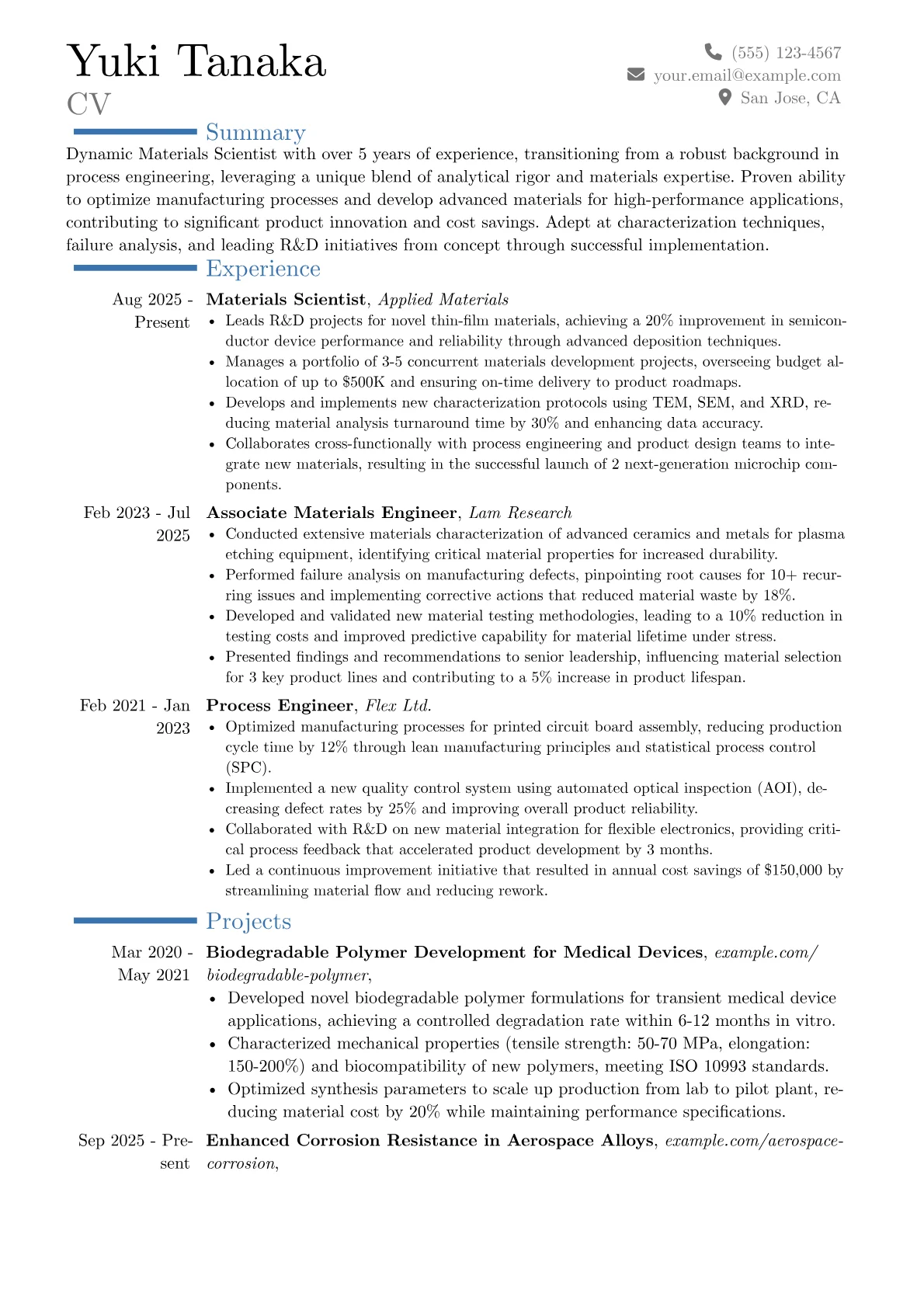 Materials Scientist resume example, Career changer, page 1