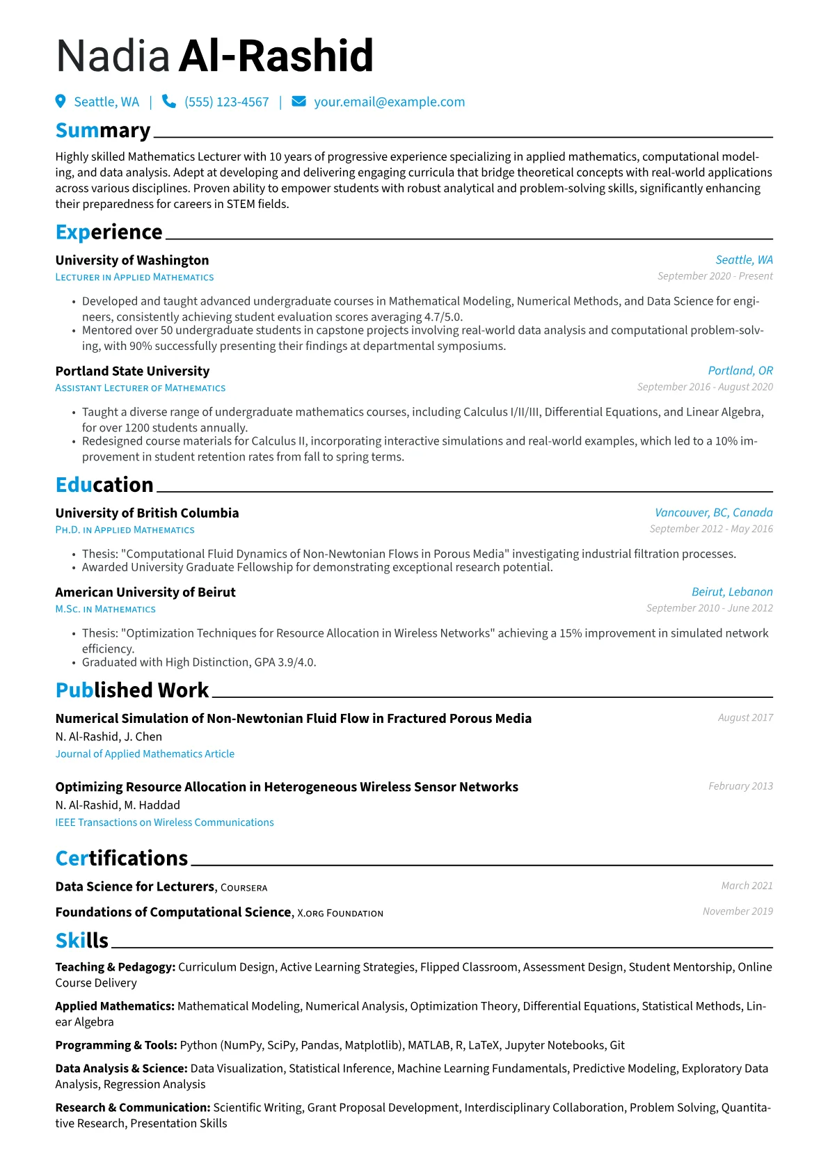 Mathematics Lecturer resume example, Applied Mathematics, page 1