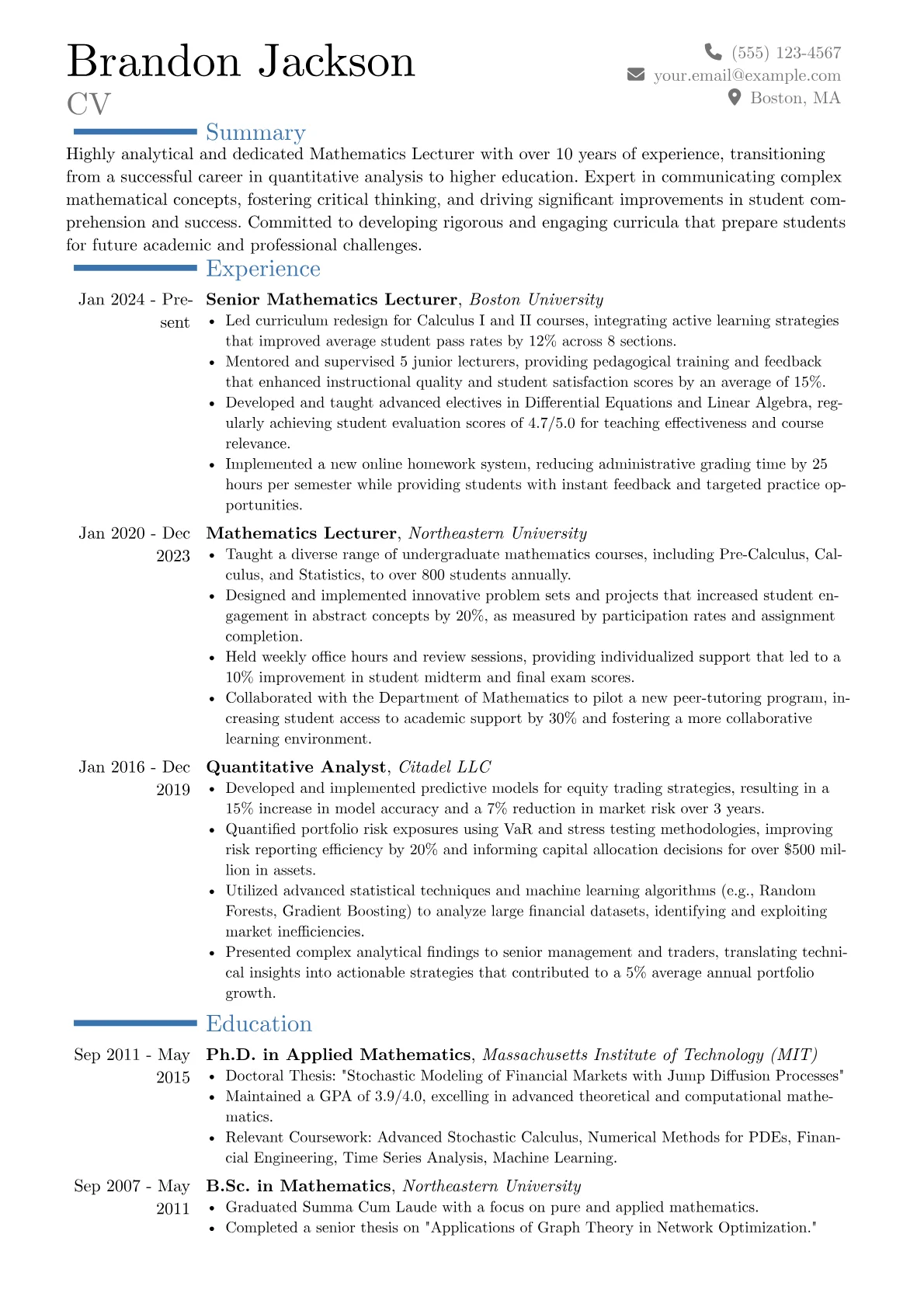 Mathematics Lecturer resume example, Career changer, page 1