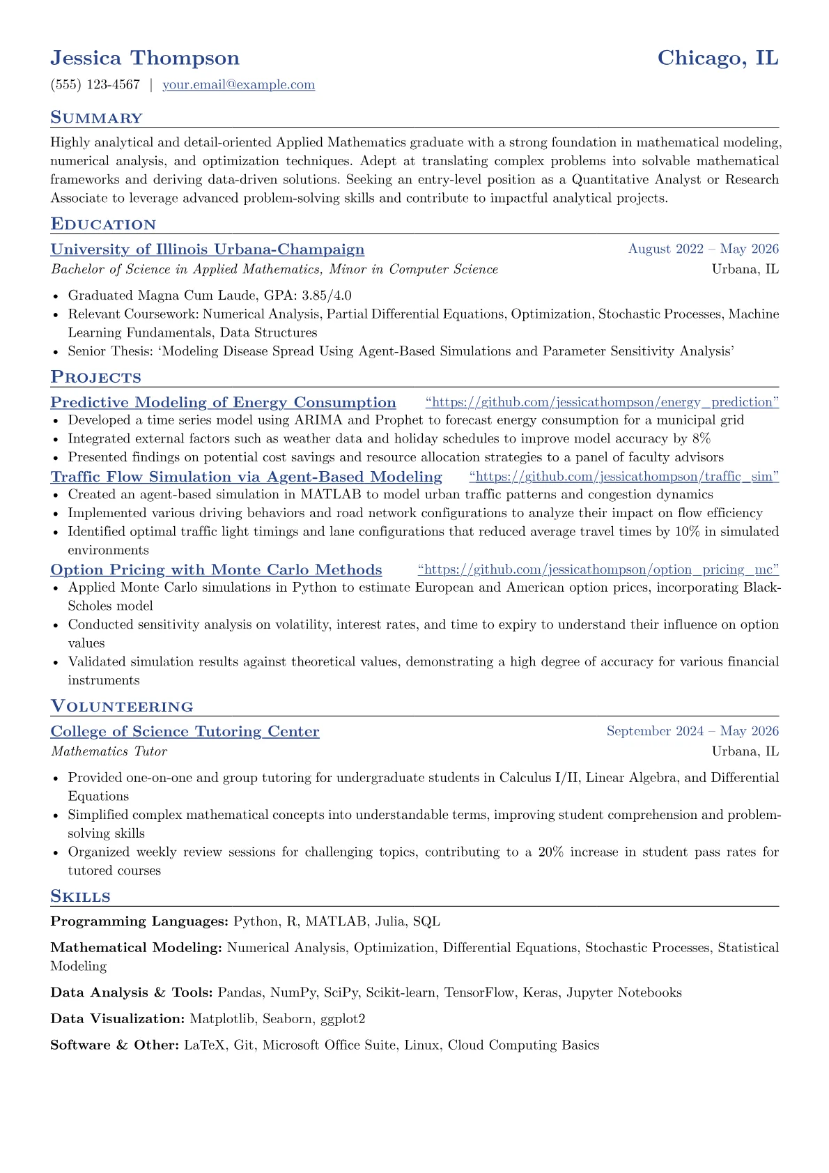 Mathematics resume example, Applied Mathematics, page 1