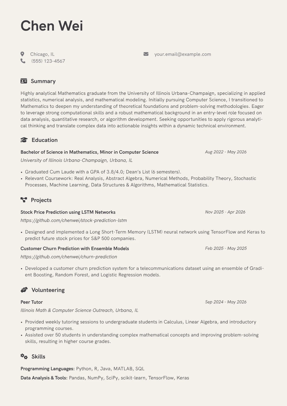 Mathematics resume example, Career changer, page 1