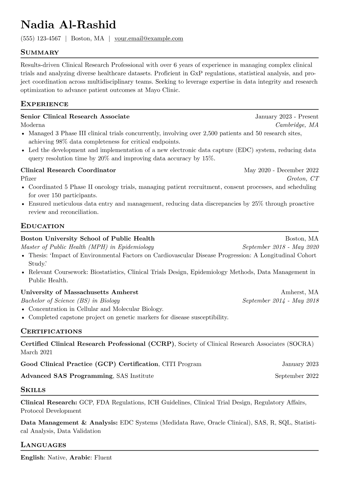 Mayo Clinic resume example, Clinical Research, page 1