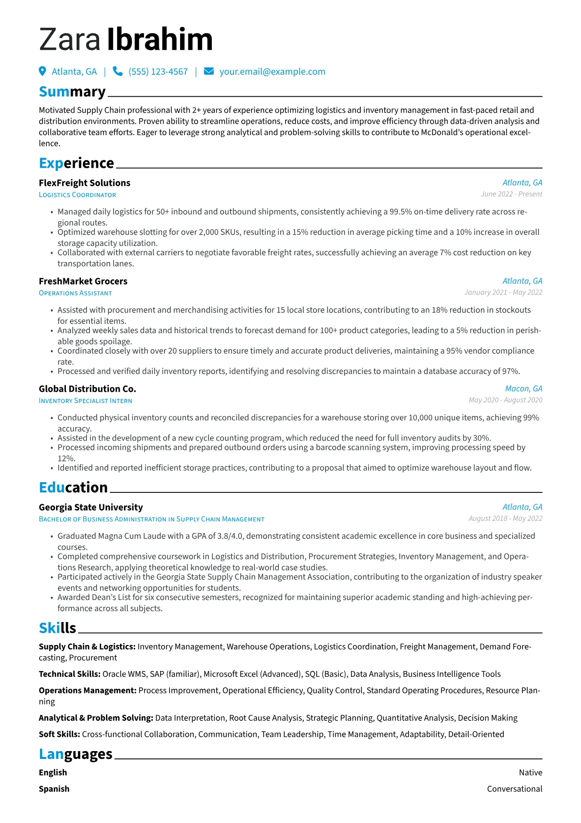 McDonalds resume example, Supply Chain & Logistics, page 1