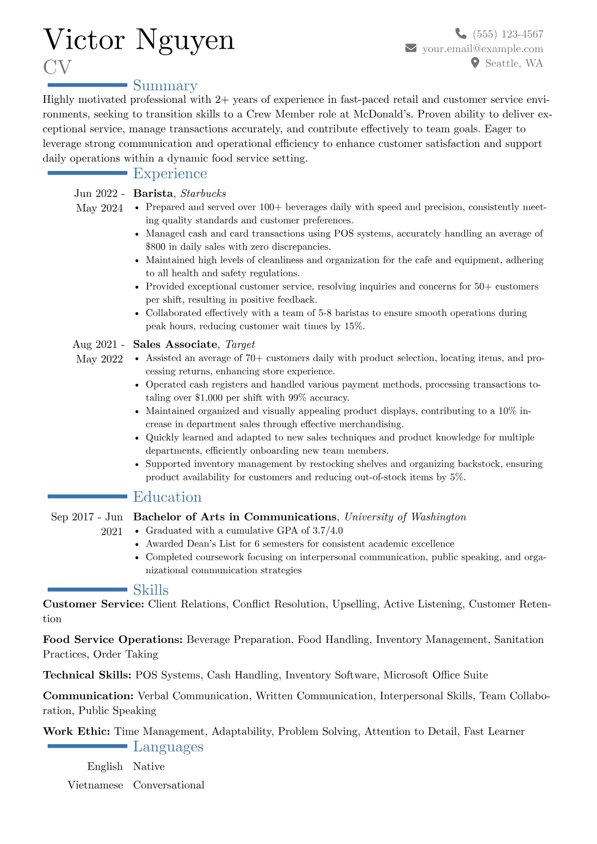 McDonalds resume example, Career changer, page 1