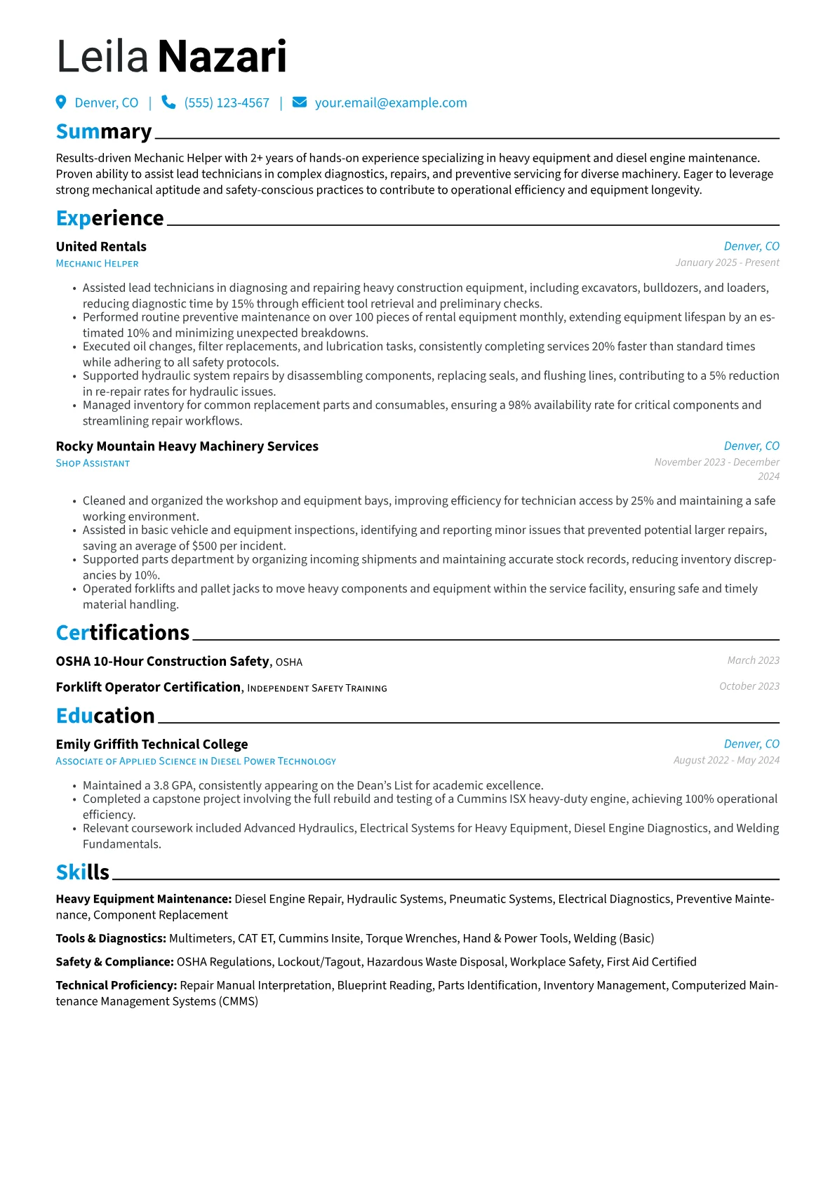 Mechanic Helper resume example, Mechanic Helper, page 1