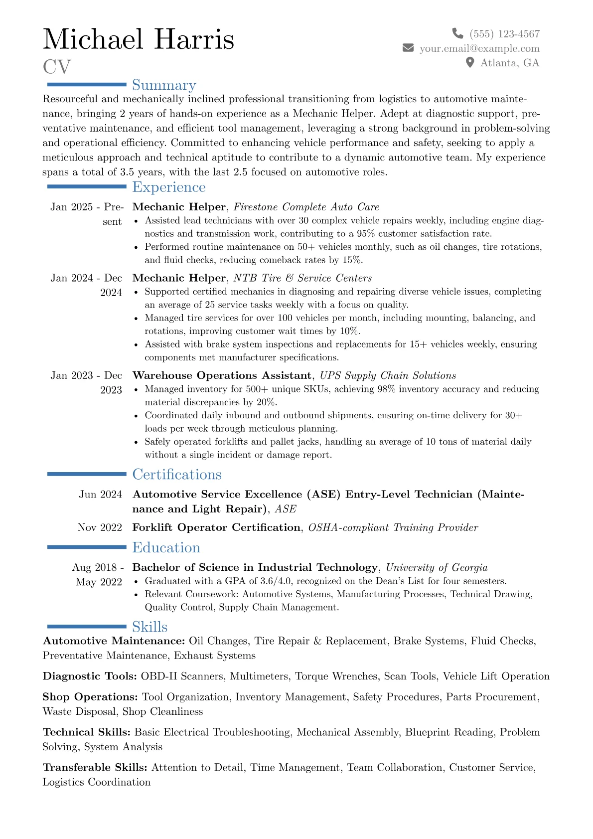 Mechanic Helper resume example, Career changer, page 1
