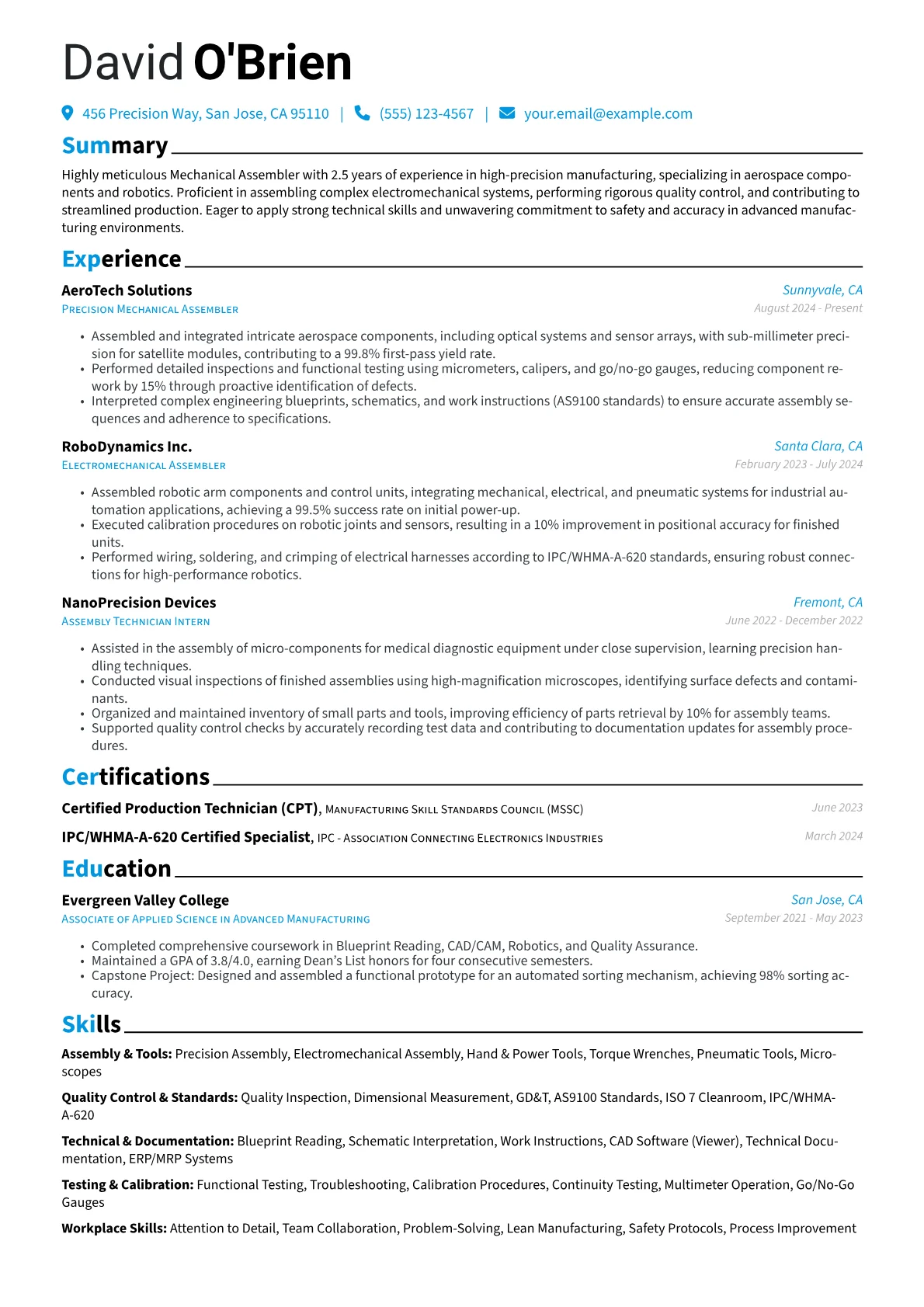 Mechanical Assembler resume example, Mechanical Assembler, page 1