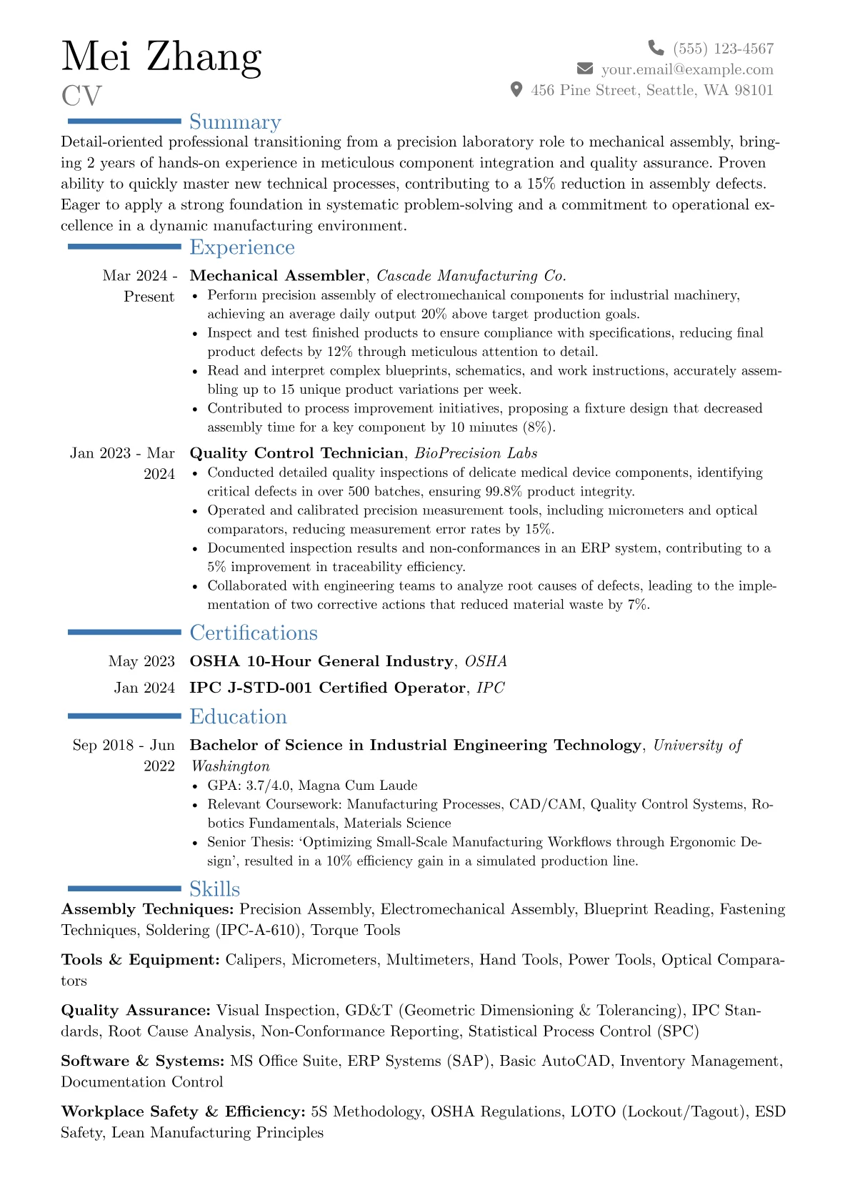 Mechanical Assembler resume example, Career changer, page 1