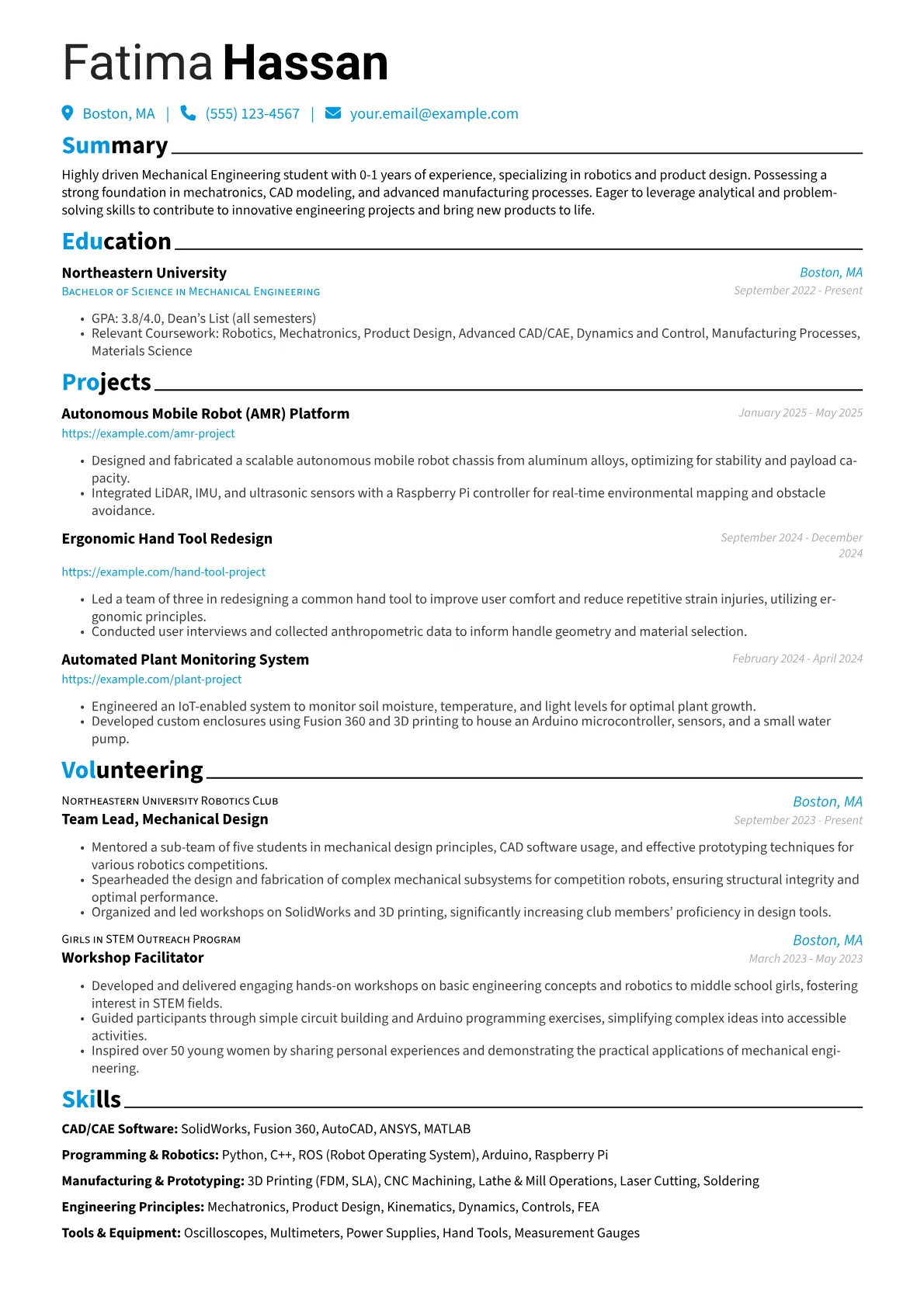 Mechanical Engineer Student resume example, Robotics & Product Design, page 1