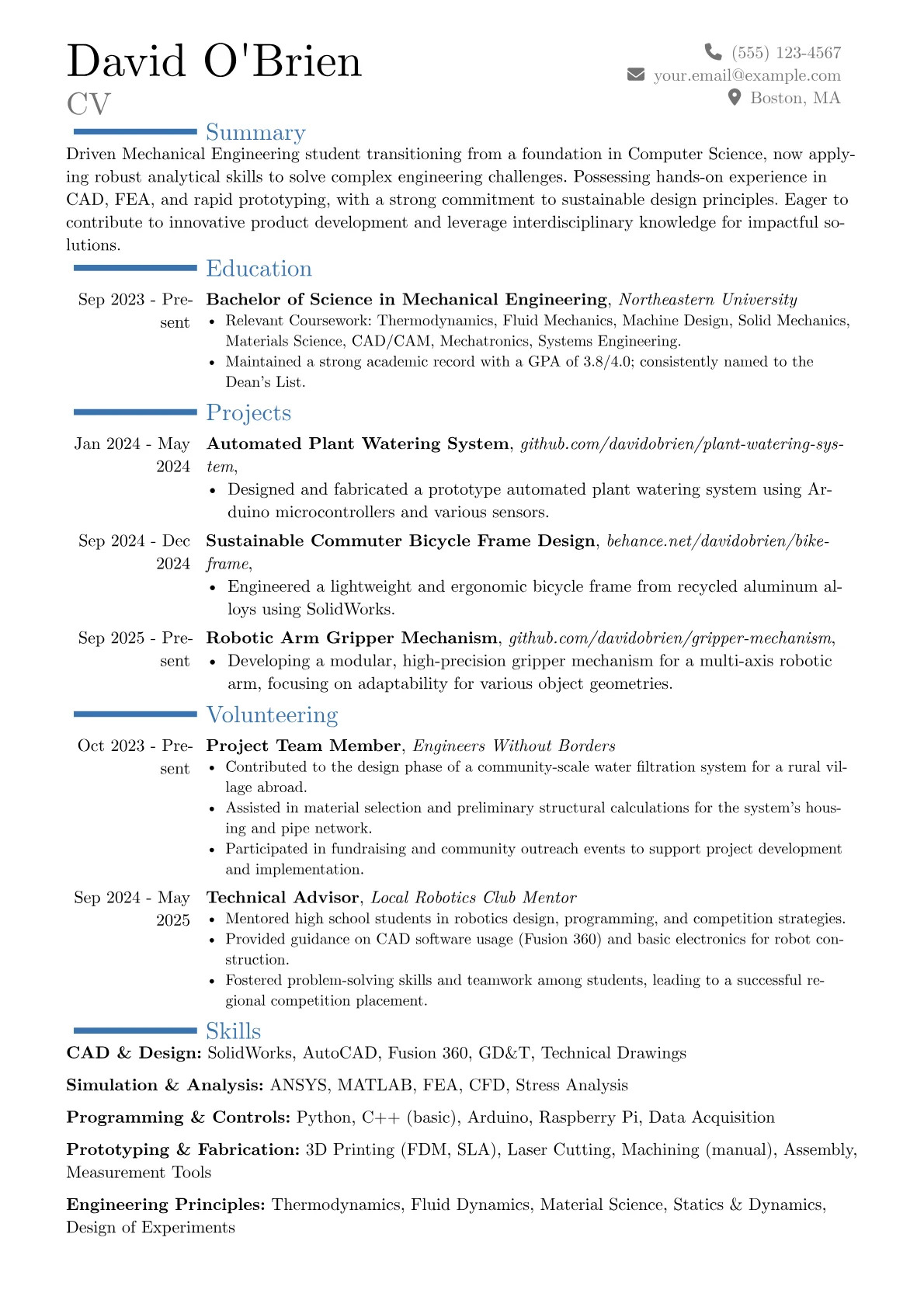 Mechanical Engineer Student resume example, Career changer, page 1