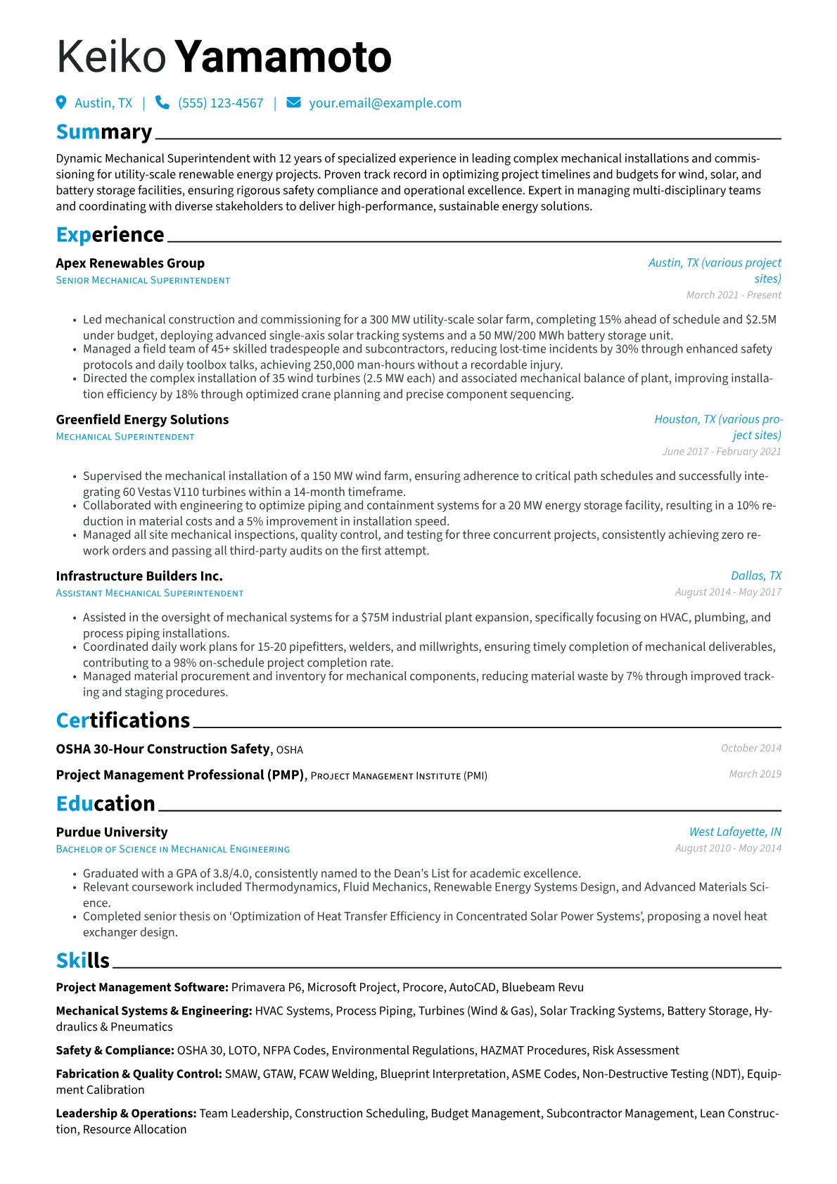 Mechanical Superintendent resume example, Renewable Energy, page 1