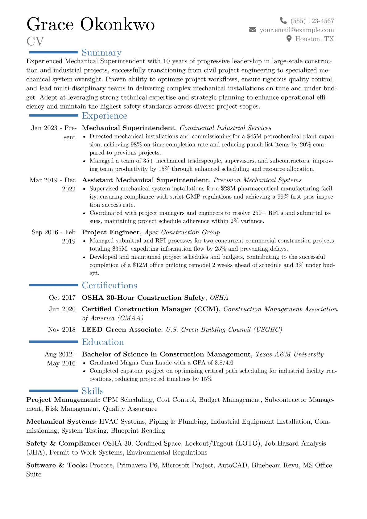 Mechanical Superintendent resume example, Career changer, page 1