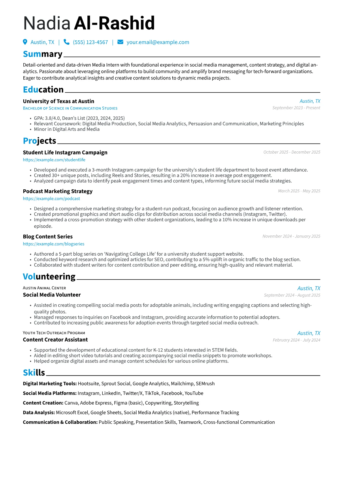 Media Intern resume example, Media Intern - Social, page 1