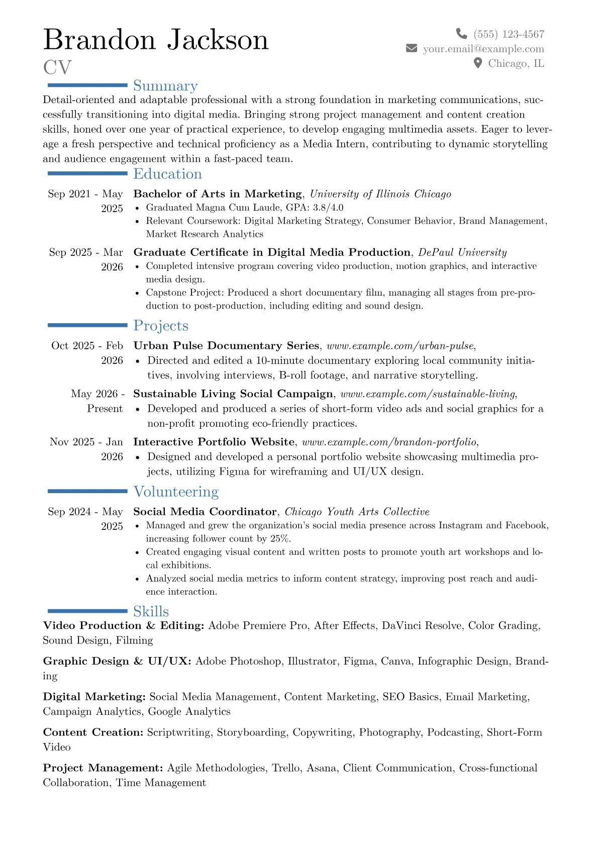 Media Intern resume example, Career changer, page 1