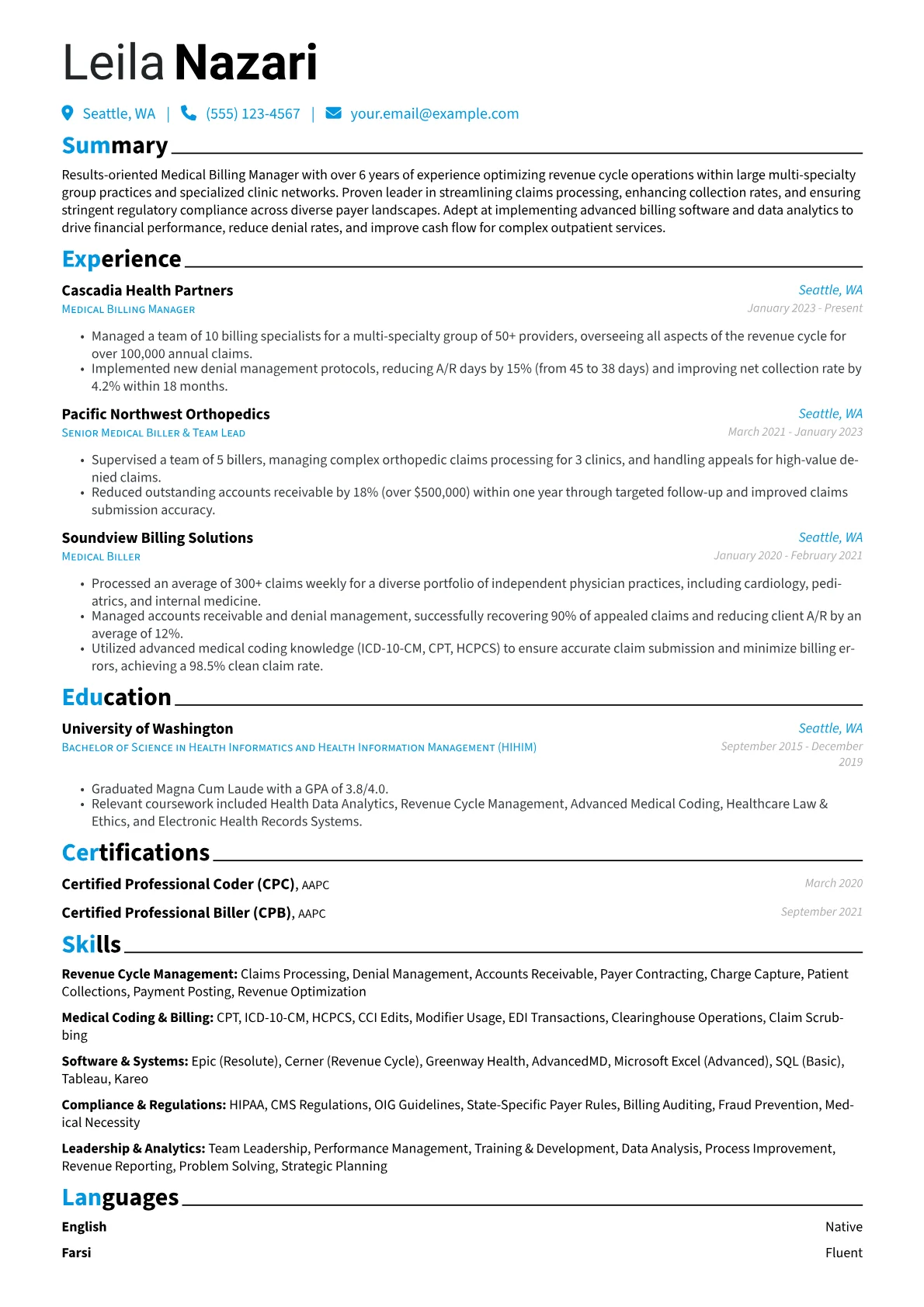 Medical Billing Manager resume example, Revenue Cycle Management, page 1