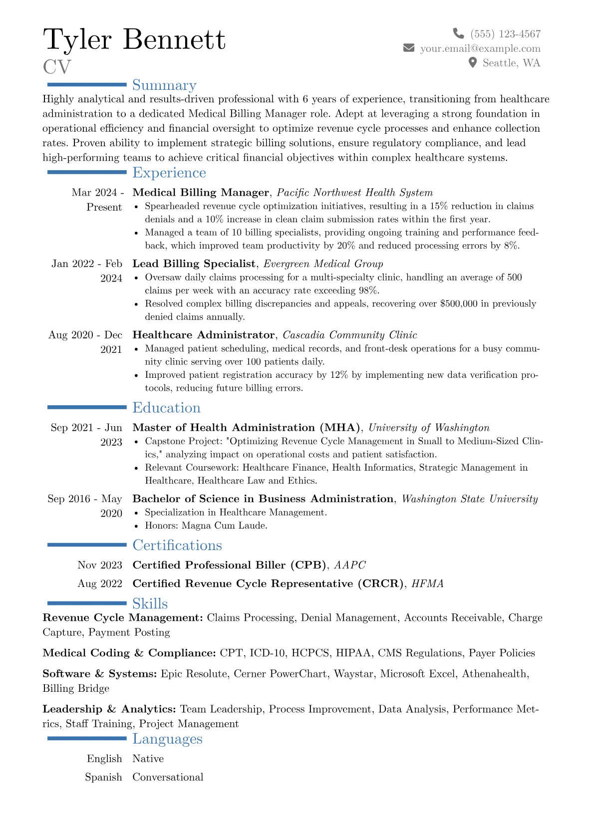 Medical Billing Manager resume example, Career changer, page 1