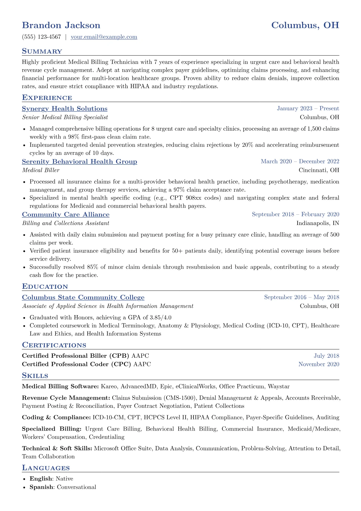 Medical Billing Technician resume example, Mental Health & Urgent, page 1