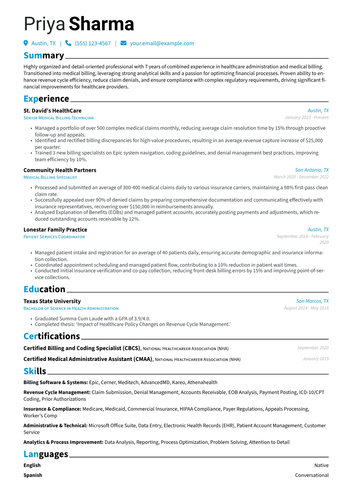 Medical Billing Technician resume example, Career changer, page 1