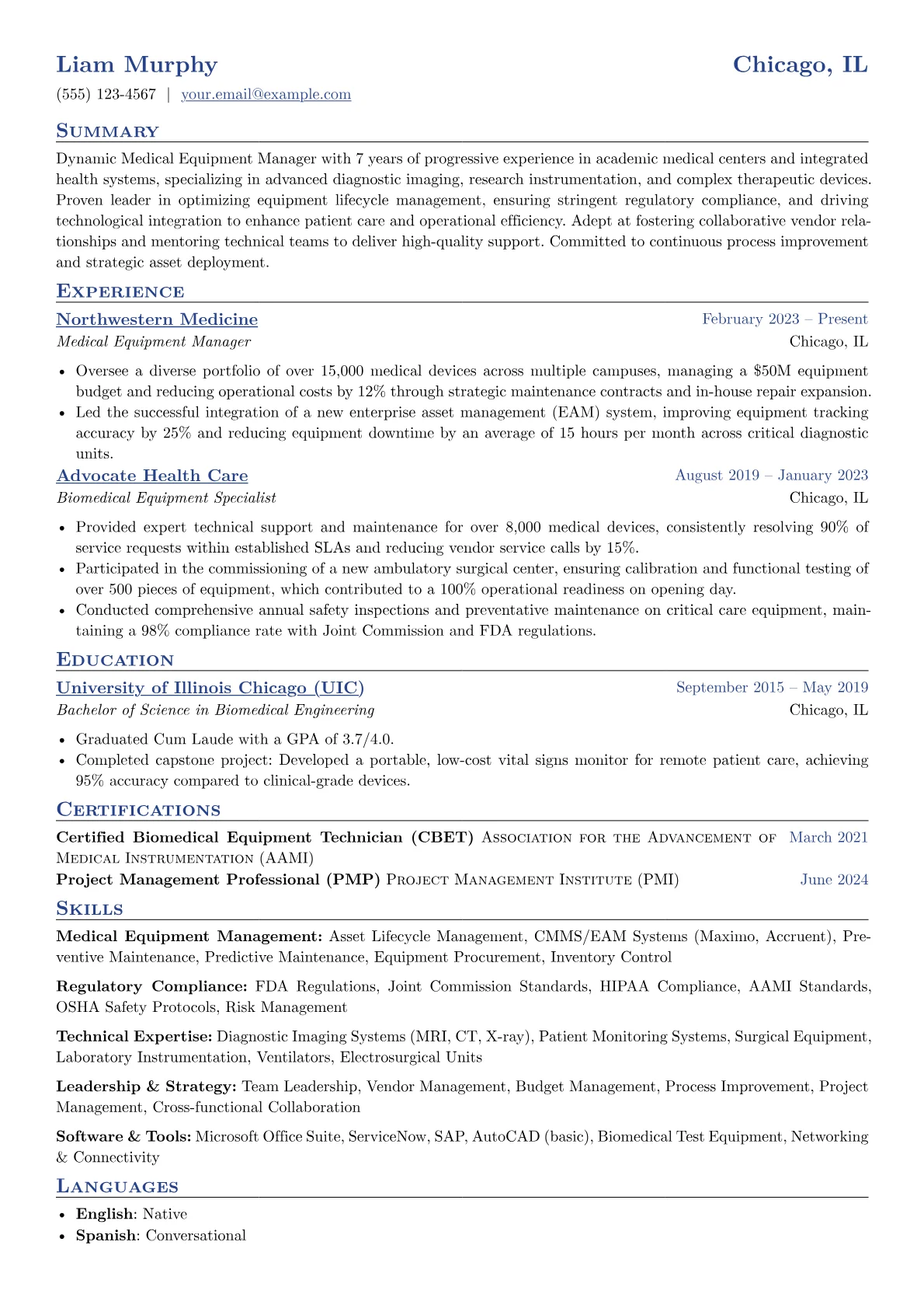 Medical Equipment Manager resume example, Academic Medical Center, page 1