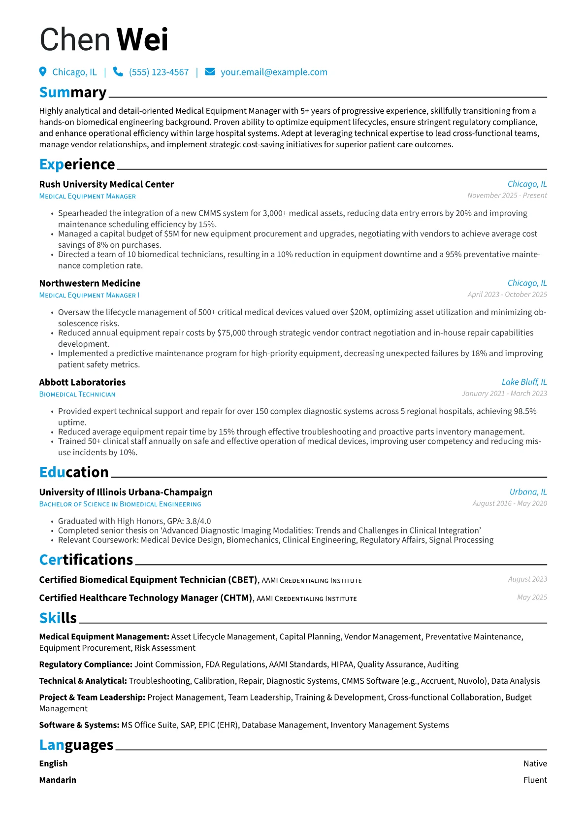 Medical Equipment Manager resume example, Career changer, page 1