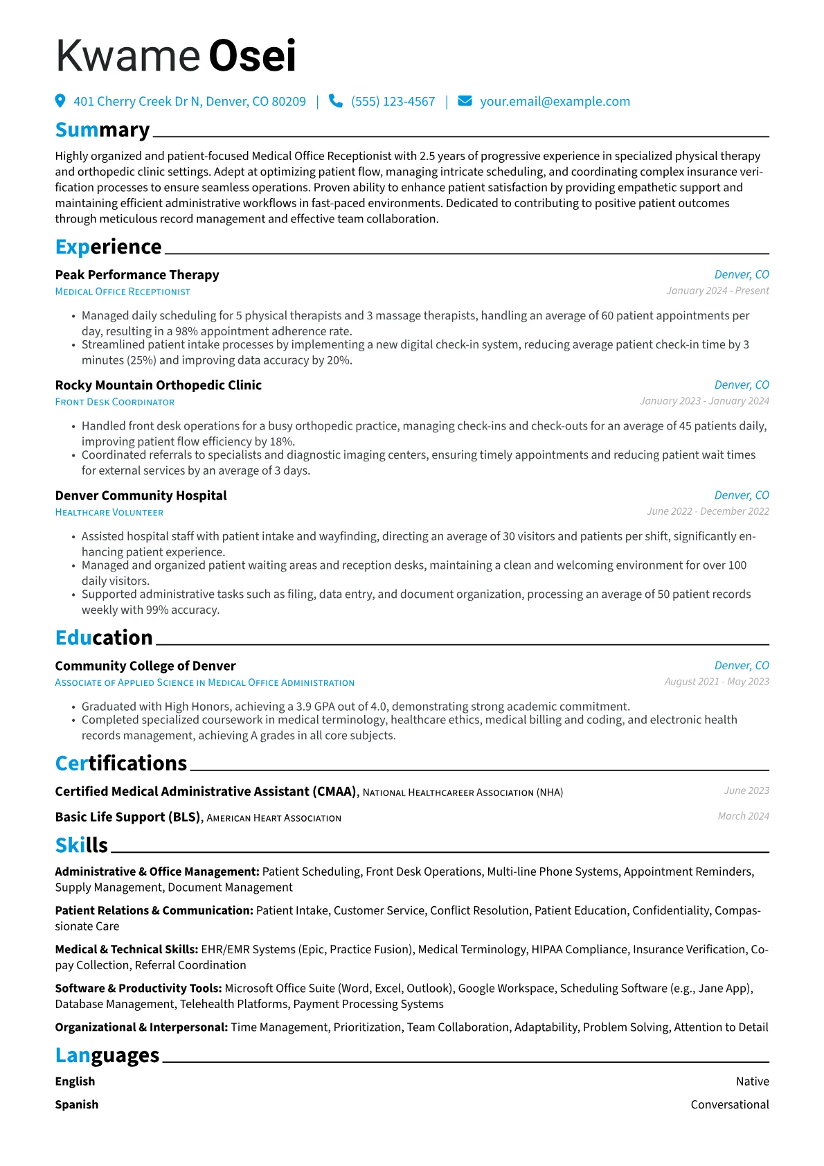Medical Office Receptionist resume example, Medical Office, page 1