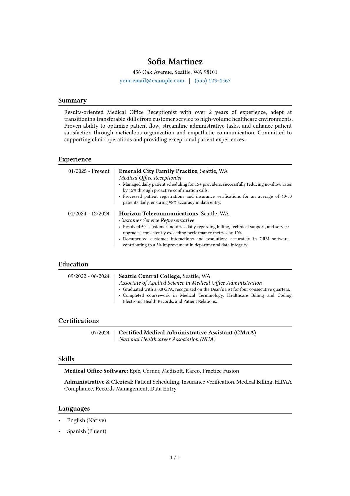 Medical Office Receptionist resume example, Career changer, page 1