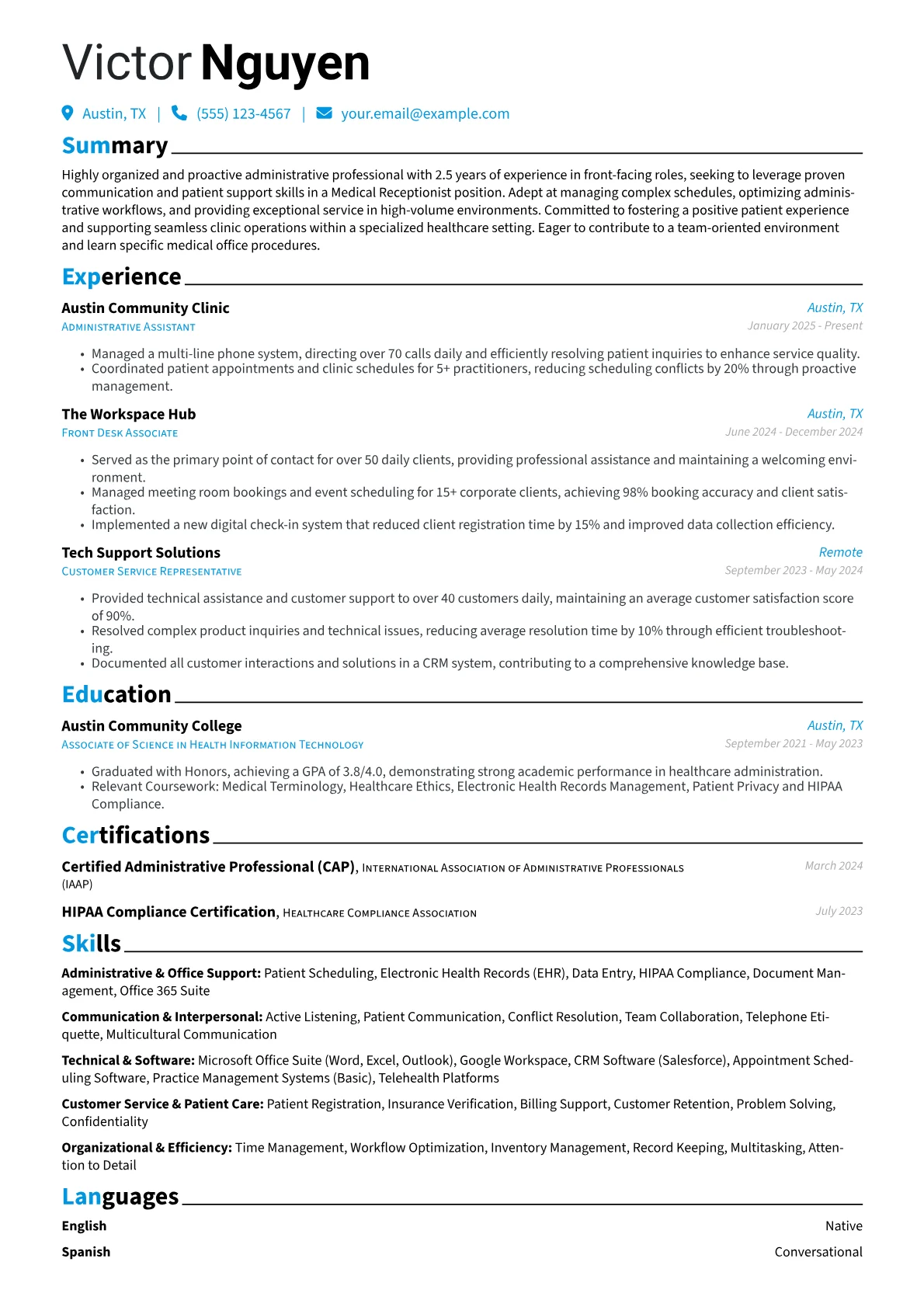 Medical Receptionist with No Experience resume example, Medical Receptionist, page 1