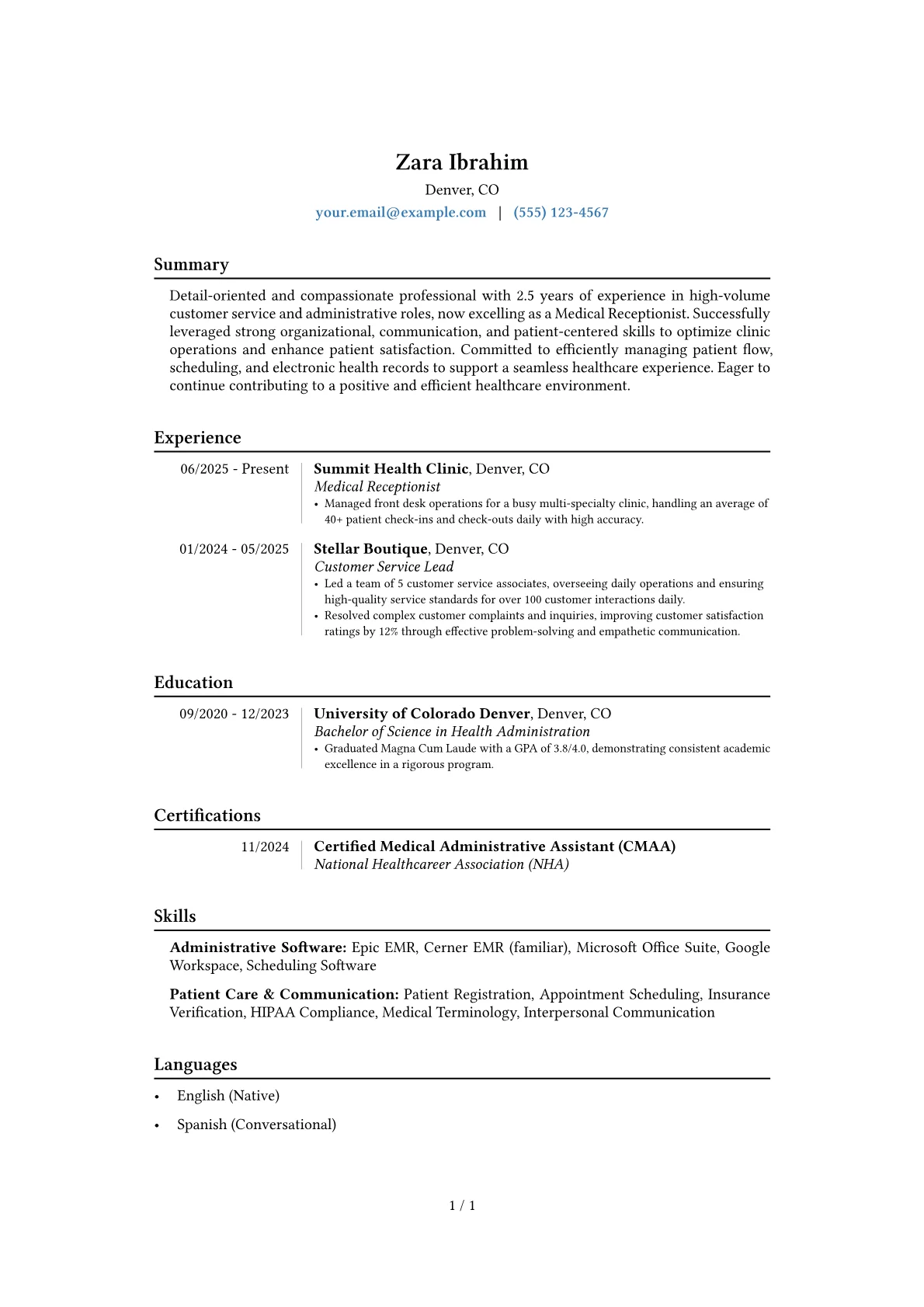 Medical Receptionist with No Experience resume example, Career changer, page 1