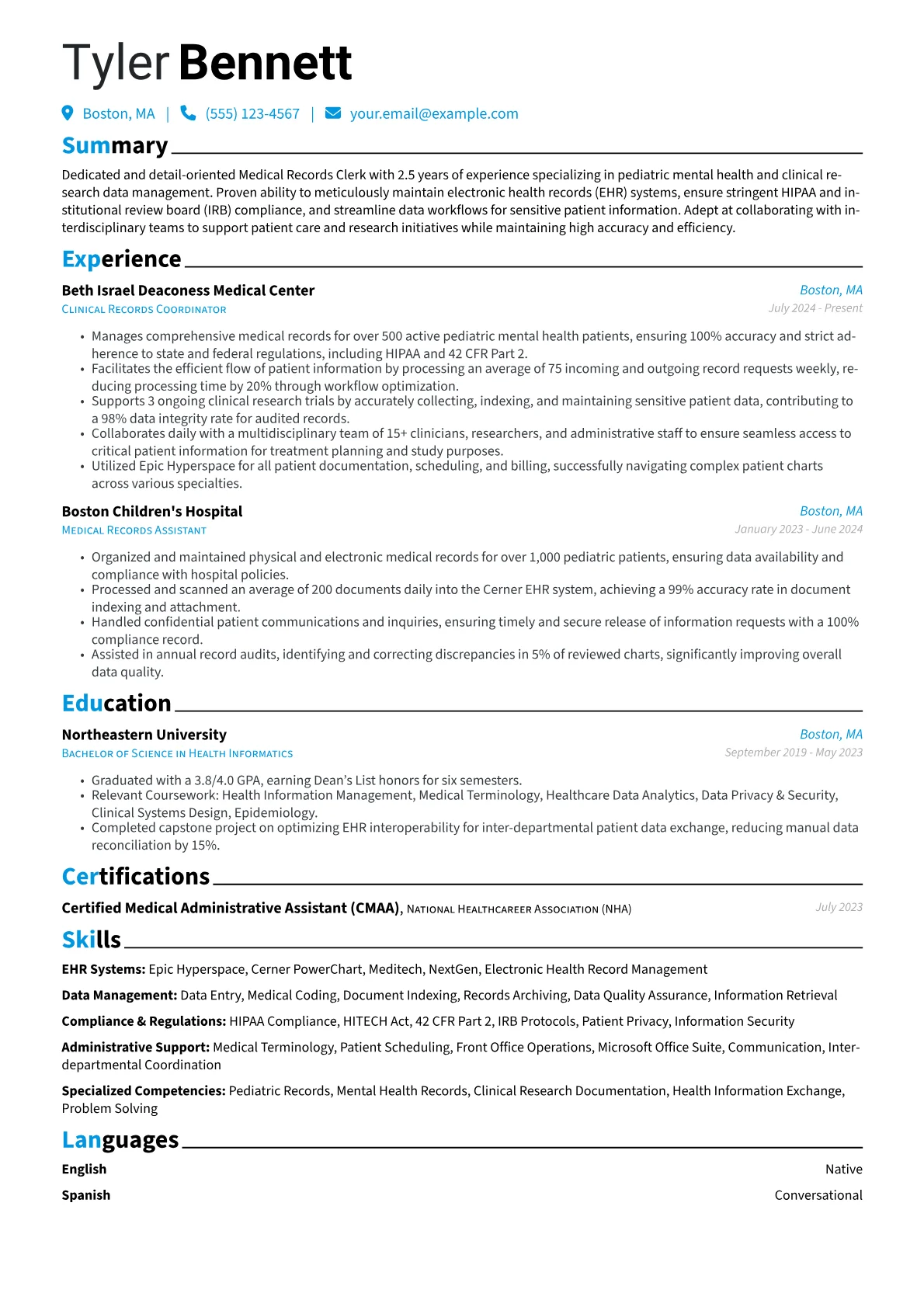 Medical Records Clerk resume example, Medical Records Clerk, page 1