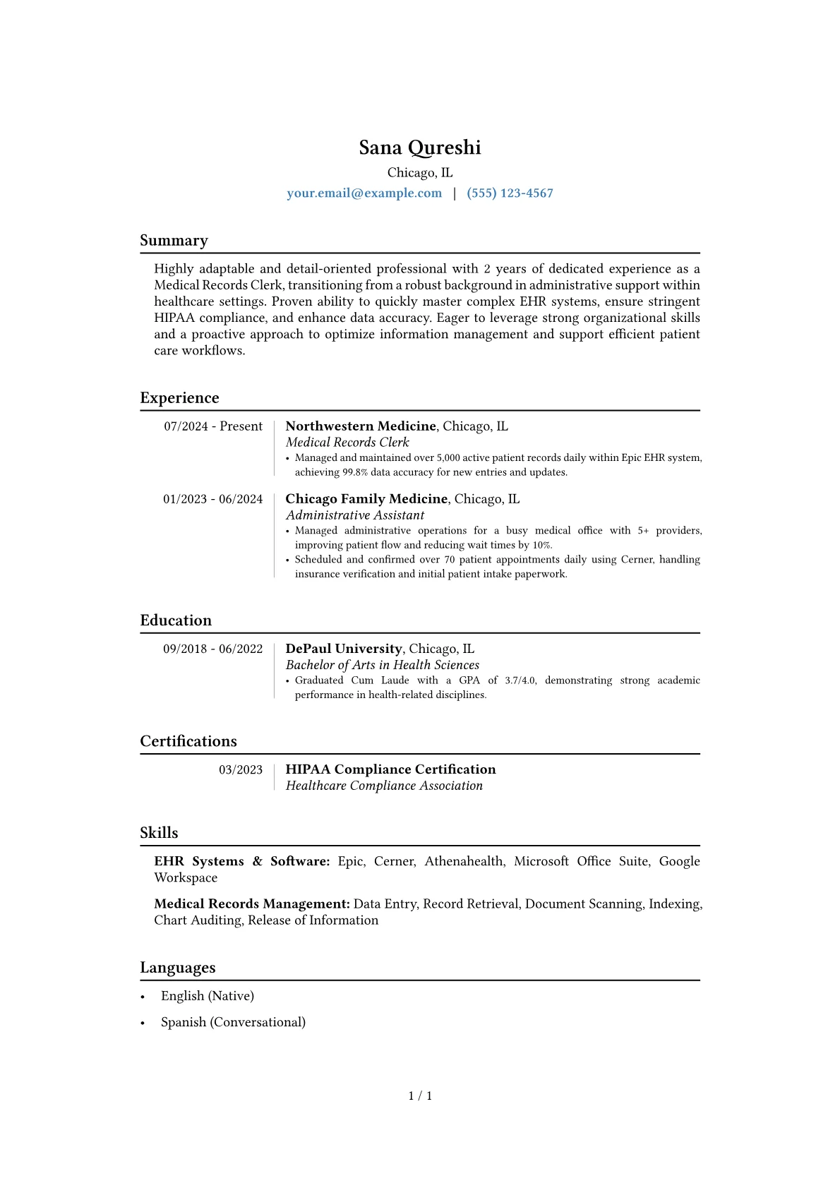 Medical Records Clerk resume example, Career changer, page 1