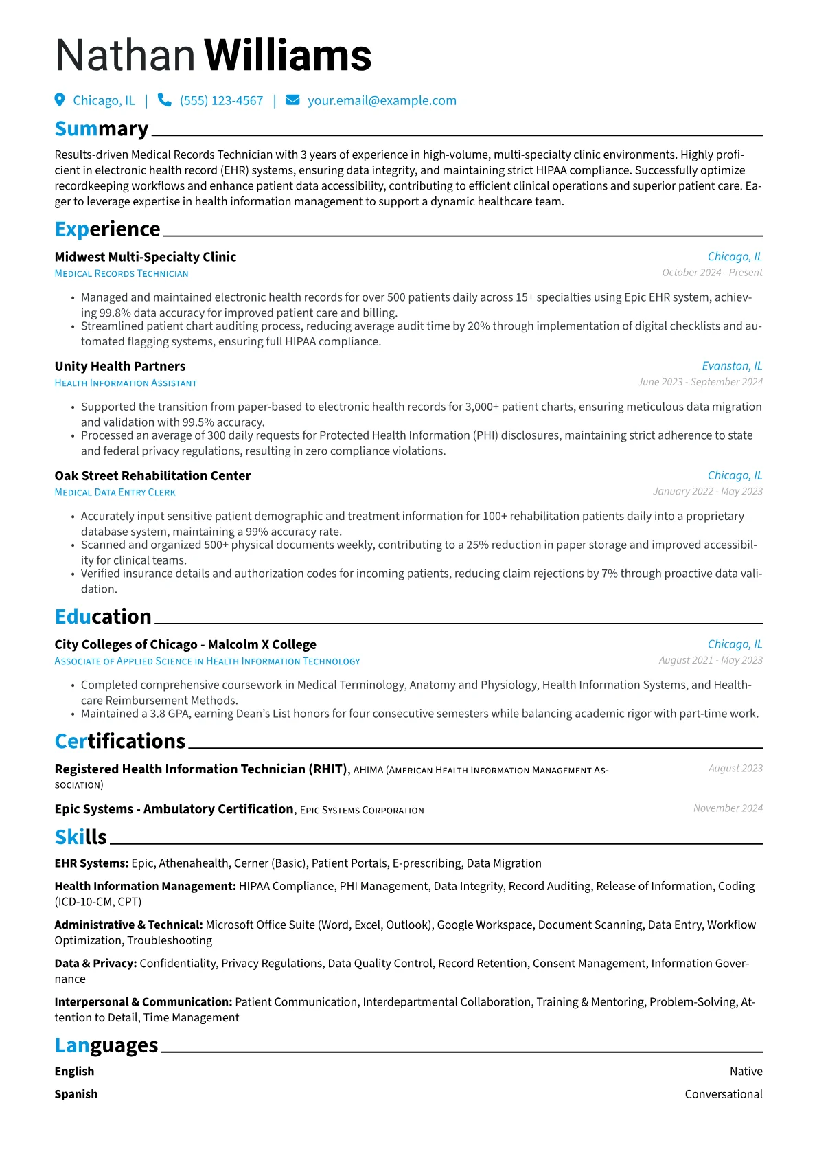 Medical Records Technician resume example, Medical Records Technician, page 1