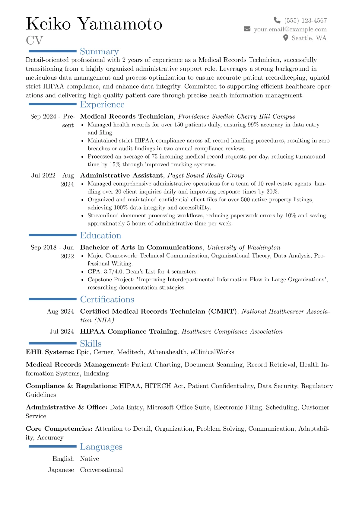 Medical Records Technician resume example, Career changer, page 1