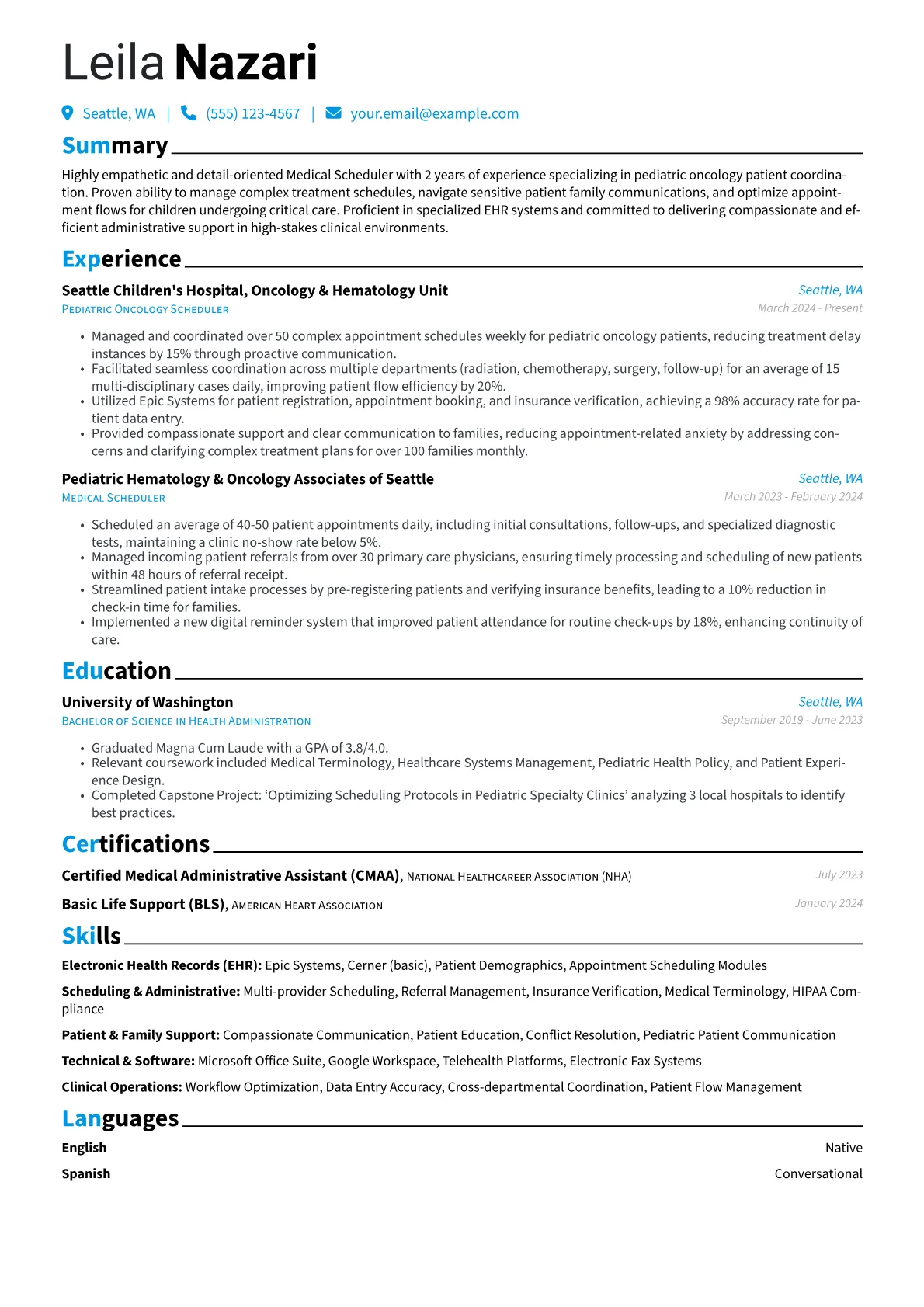 Medical Scheduler resume example, Pediatric Oncology, page 1