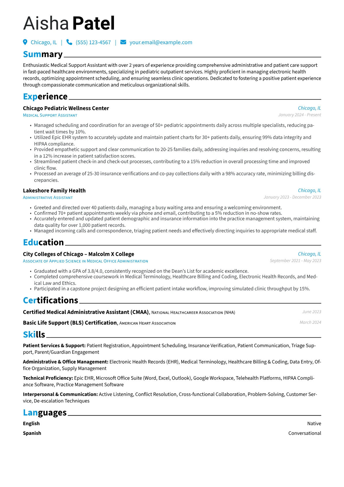 Medical Support Assistant resume example, Pediatric Clinic, page 1
