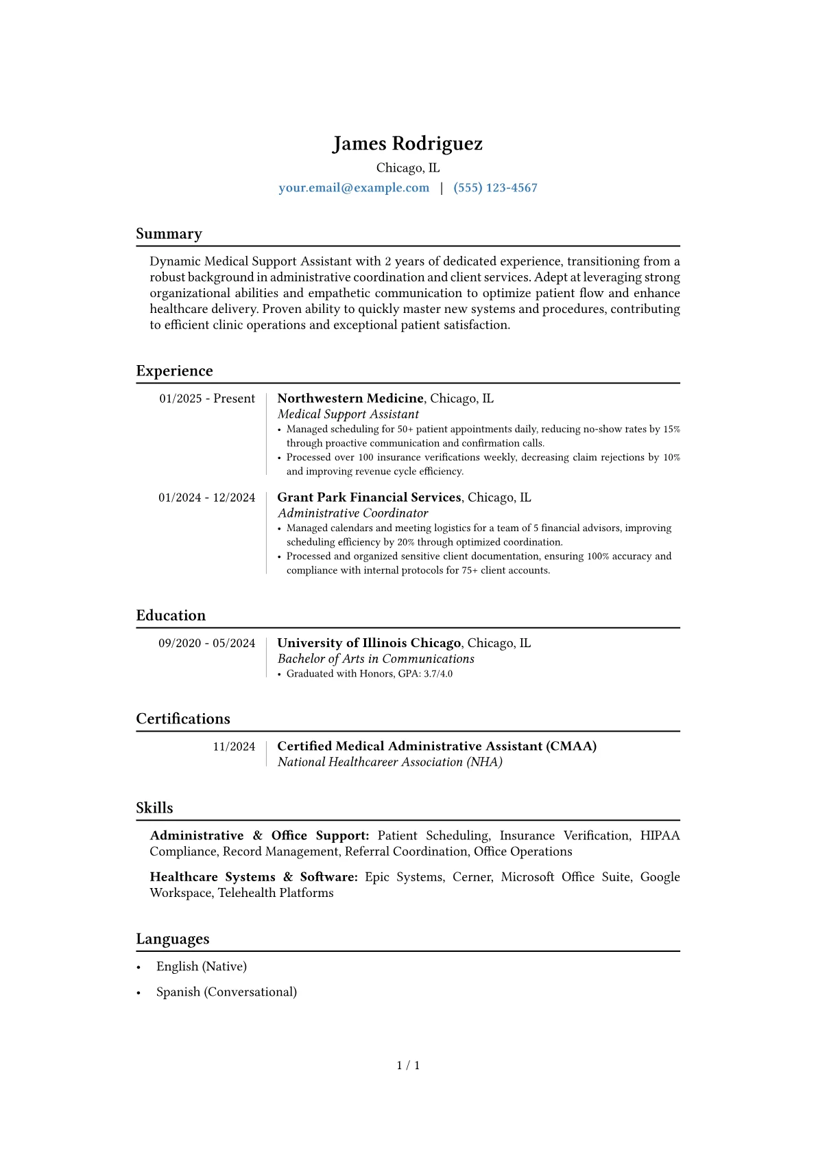 Medical Support Assistant resume example, Career changer, page 1