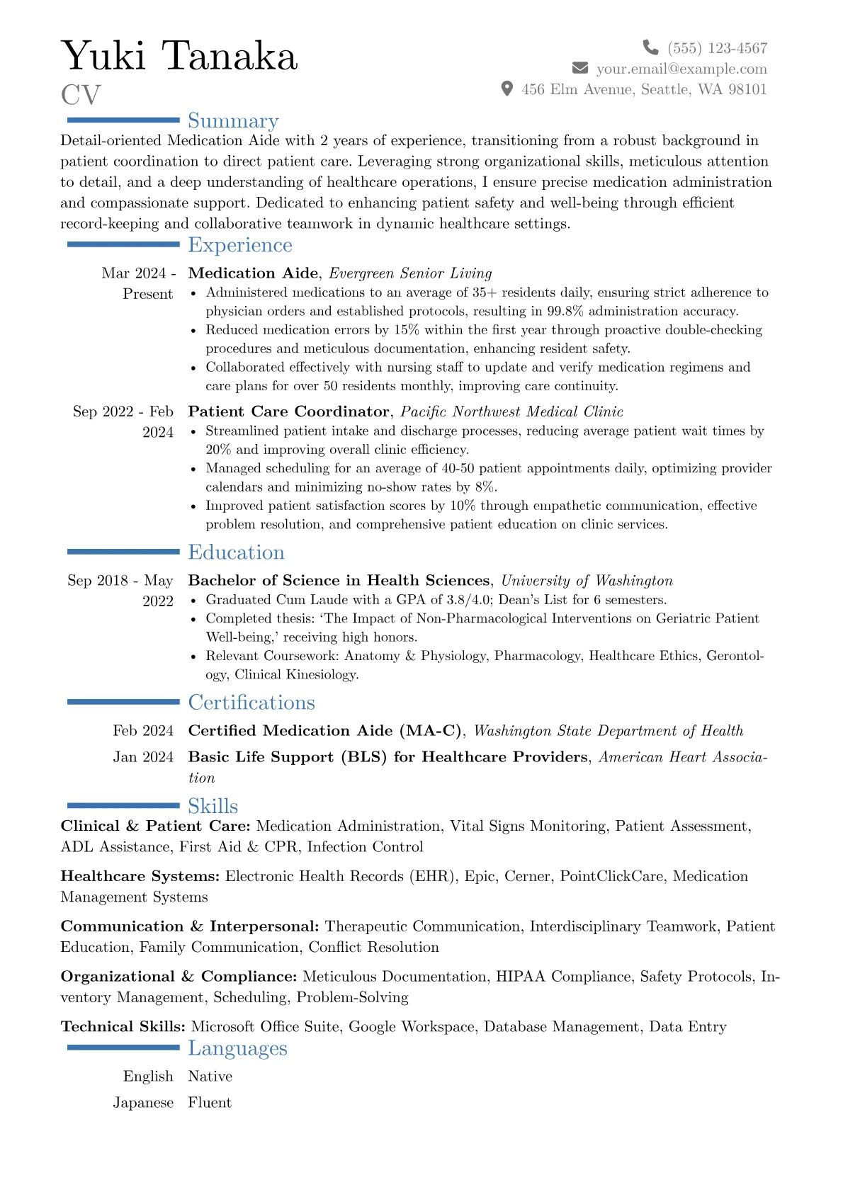 Medication Aide resume example, Career changer, page 1