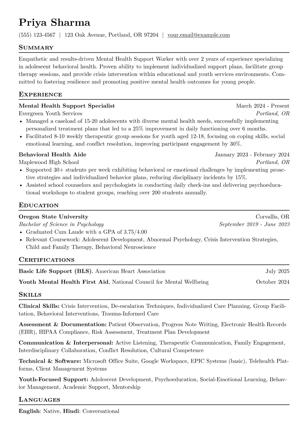 Mental Health Support Worker resume example, Youth Mental Health, page 1