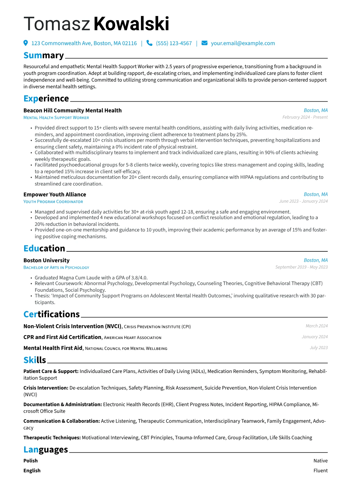 Mental Health Support Worker resume example, Career changer, page 1