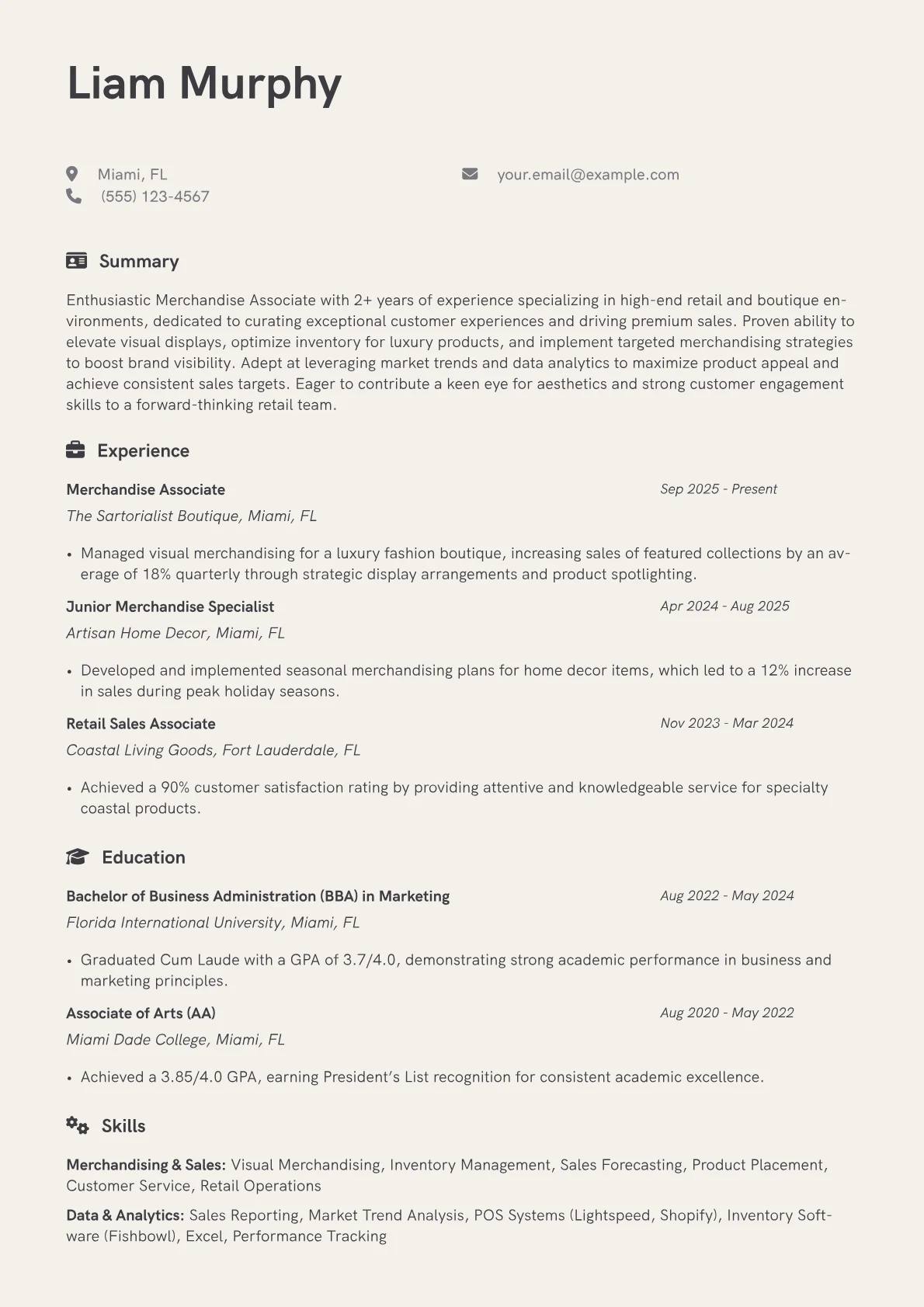 Merchandise Associate resume example, Luxury Retail Specialist, page 1