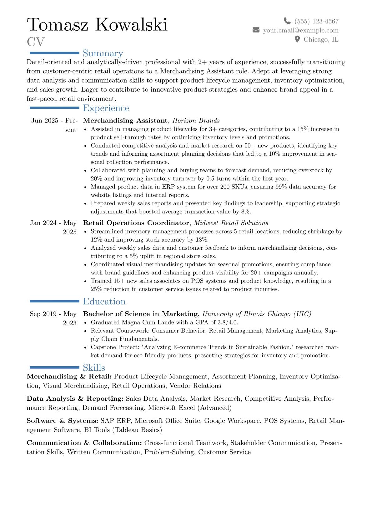 Merchandising Assistant resume example, Career changer, page 1
