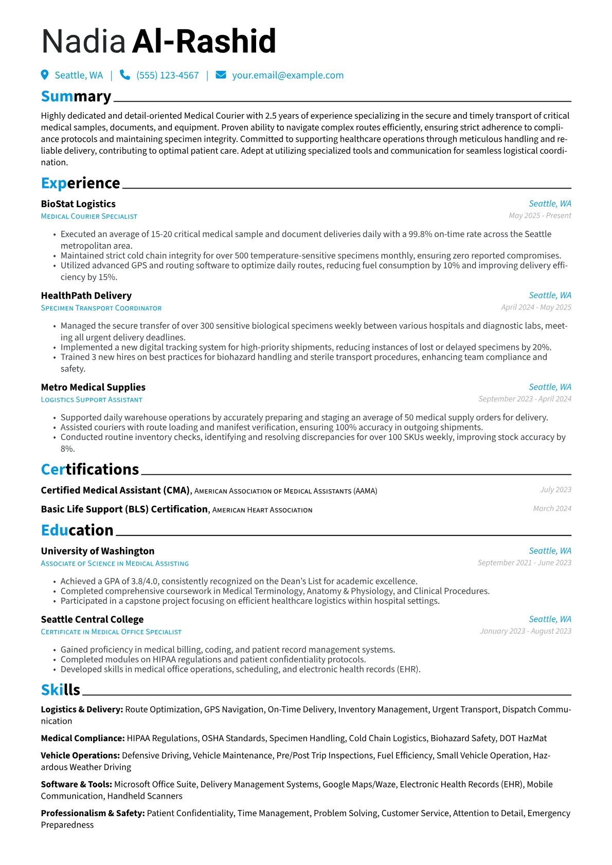Messenger resume example, Medical Logistics Focus, page 1