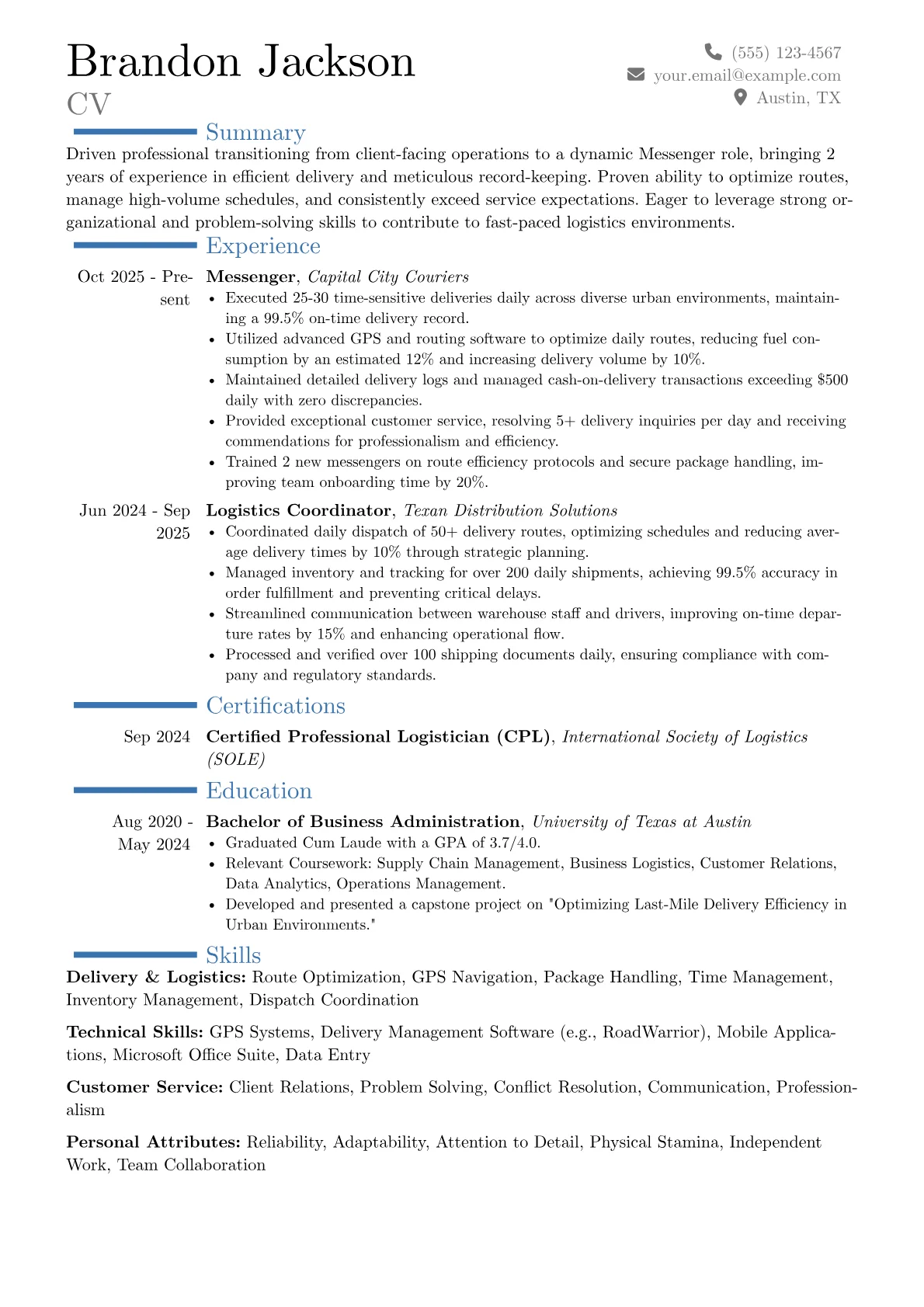 Messenger resume example, Career changer, page 1
