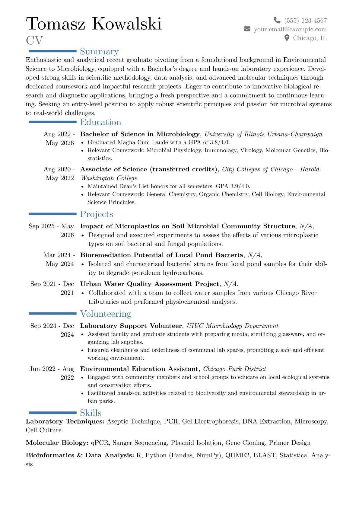 Microbiology resume example, Career changer, page 1