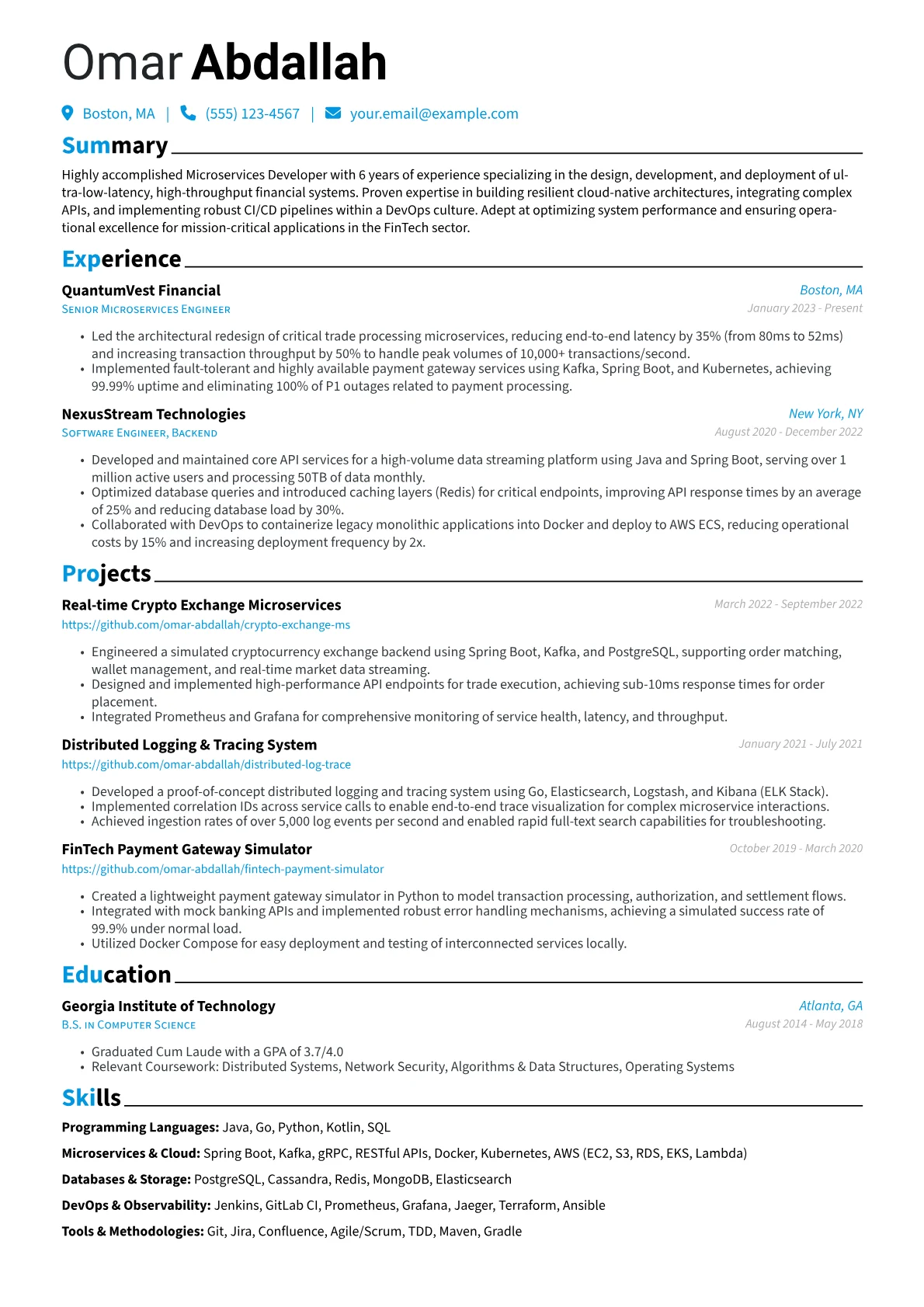 Microservices Developer resume example, FinTech Microservices, page 1